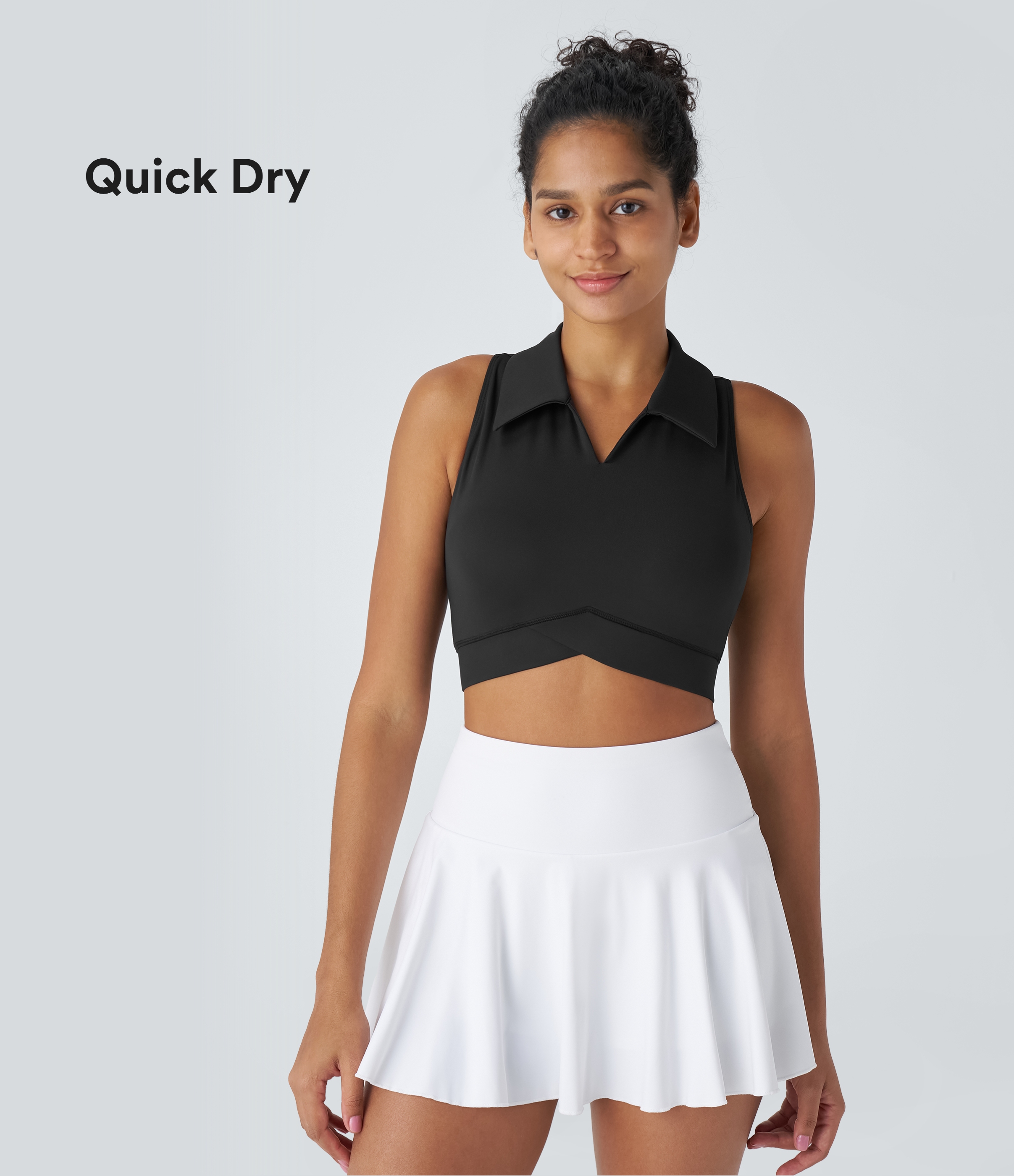 Halara – Softlyzero™ QuickDry – Kurzes, rückenfreies Tennis-Tanktop mit Polokragen, V-Ausschnitt und Racerback – Schwarz – XS
