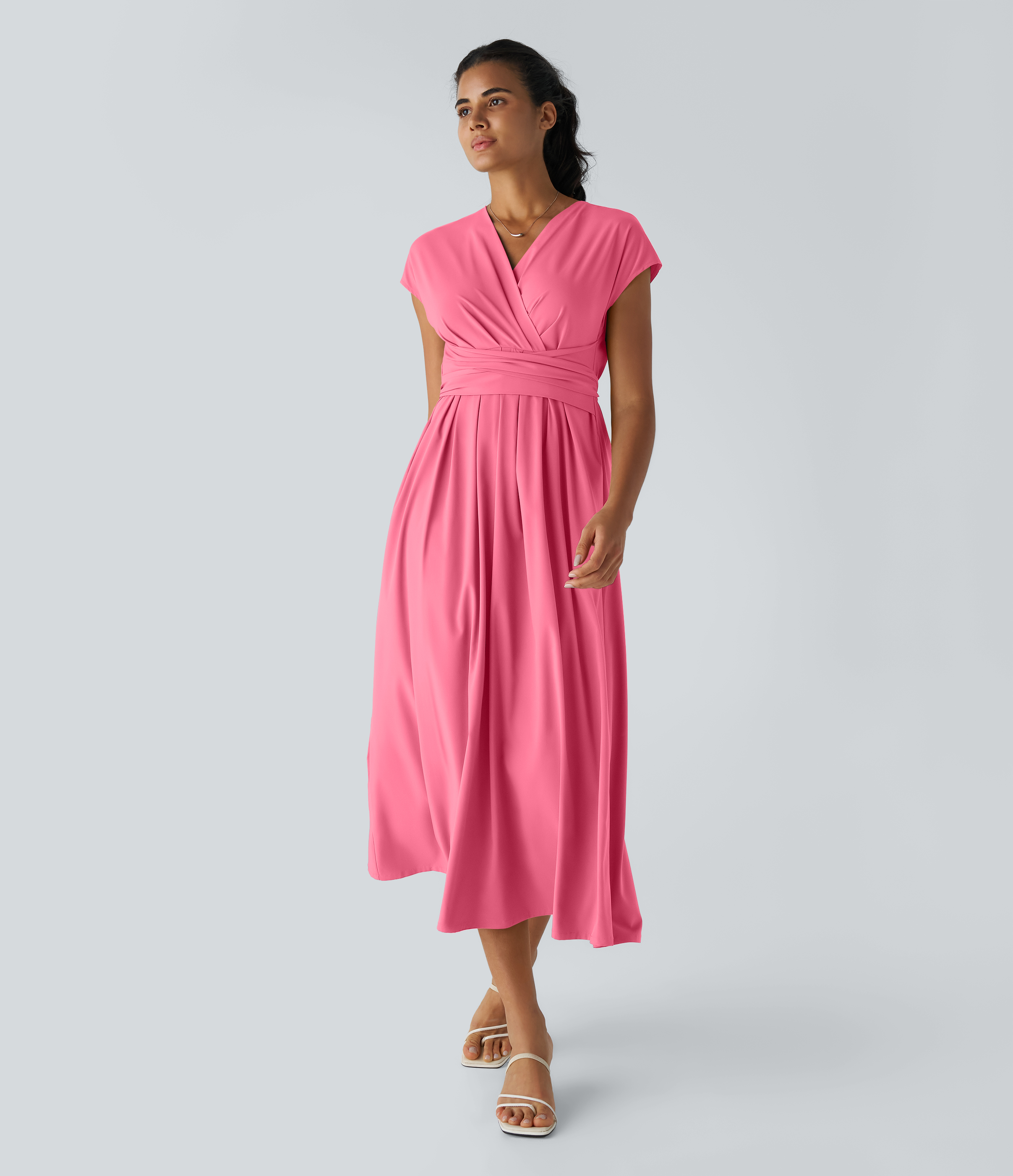 Breezeful™ V Neck Short Sleeve Pocket Tie Back Quick Dry Midi Casual Dress-Longer Length