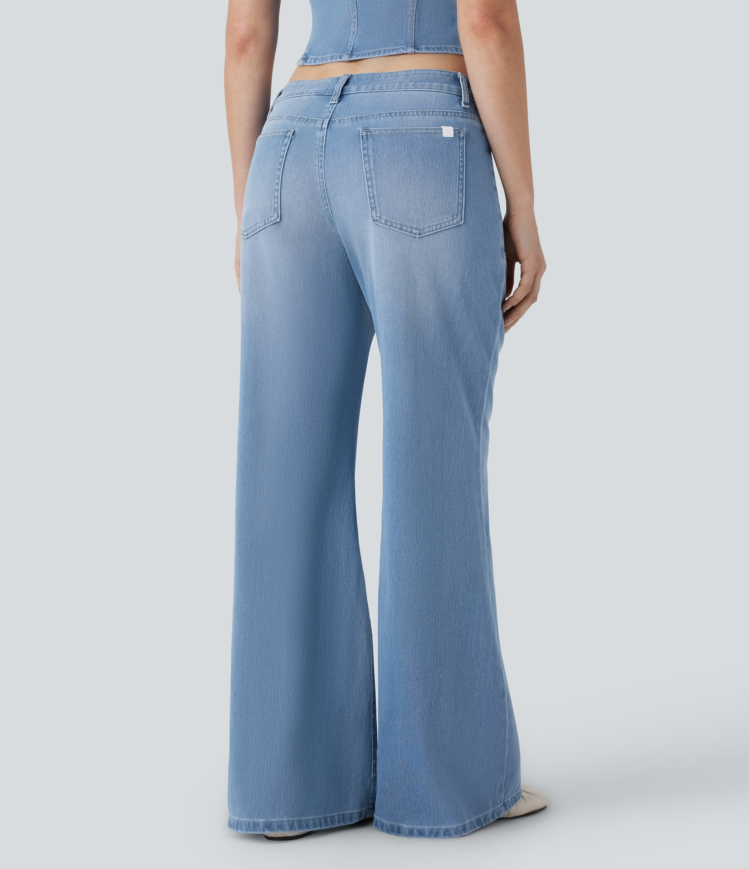 Sea Blue Denim Halara Flex™ Niedrige Taille Reißverschluss-Taschen Lockere Weite Bein Ausgestellte Gewaschene Lässige Jeans / 2