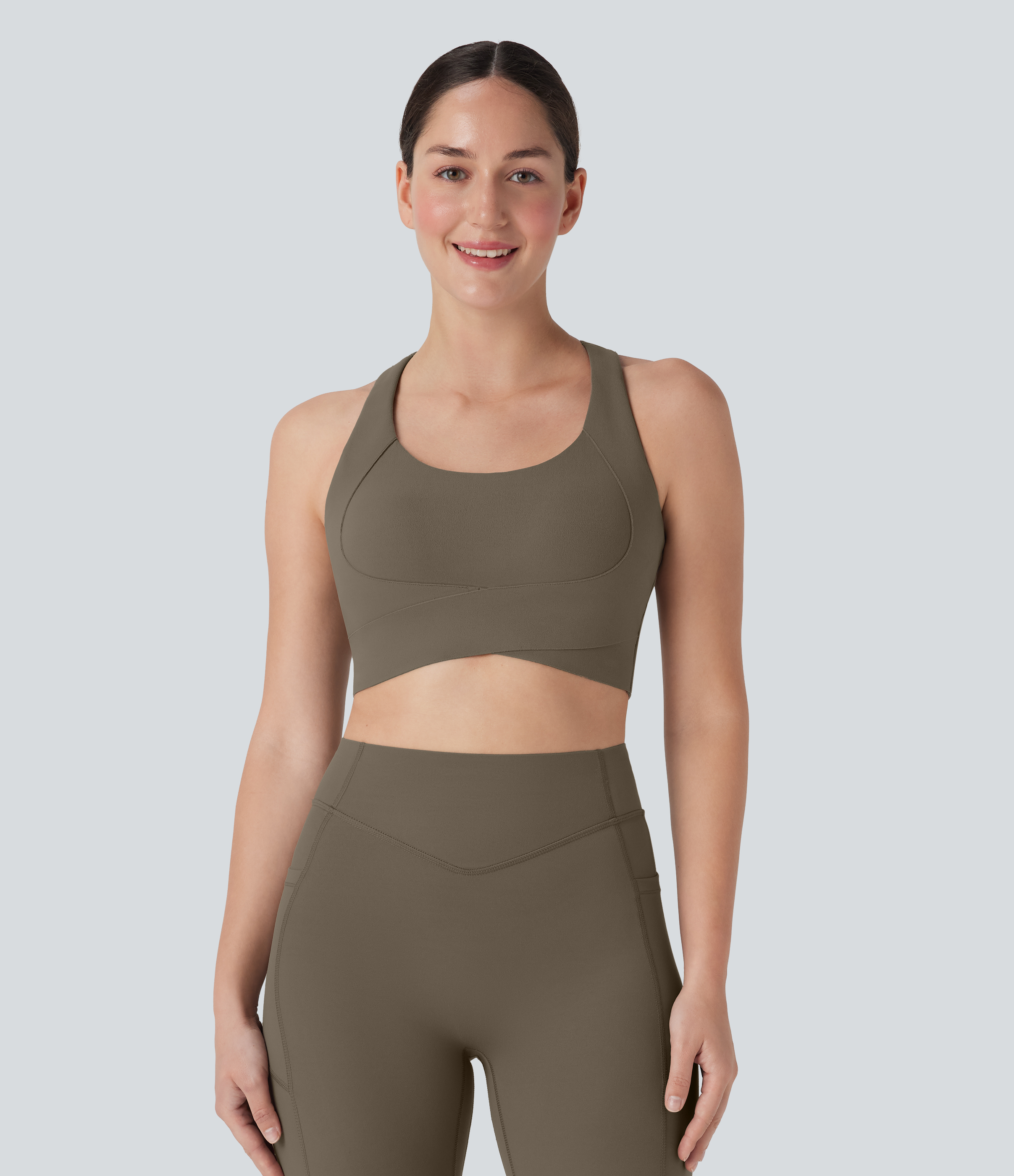 Hay Brown Sujetador deportivo push-up de sujeción media con espalda cruzada abierta para running / 2