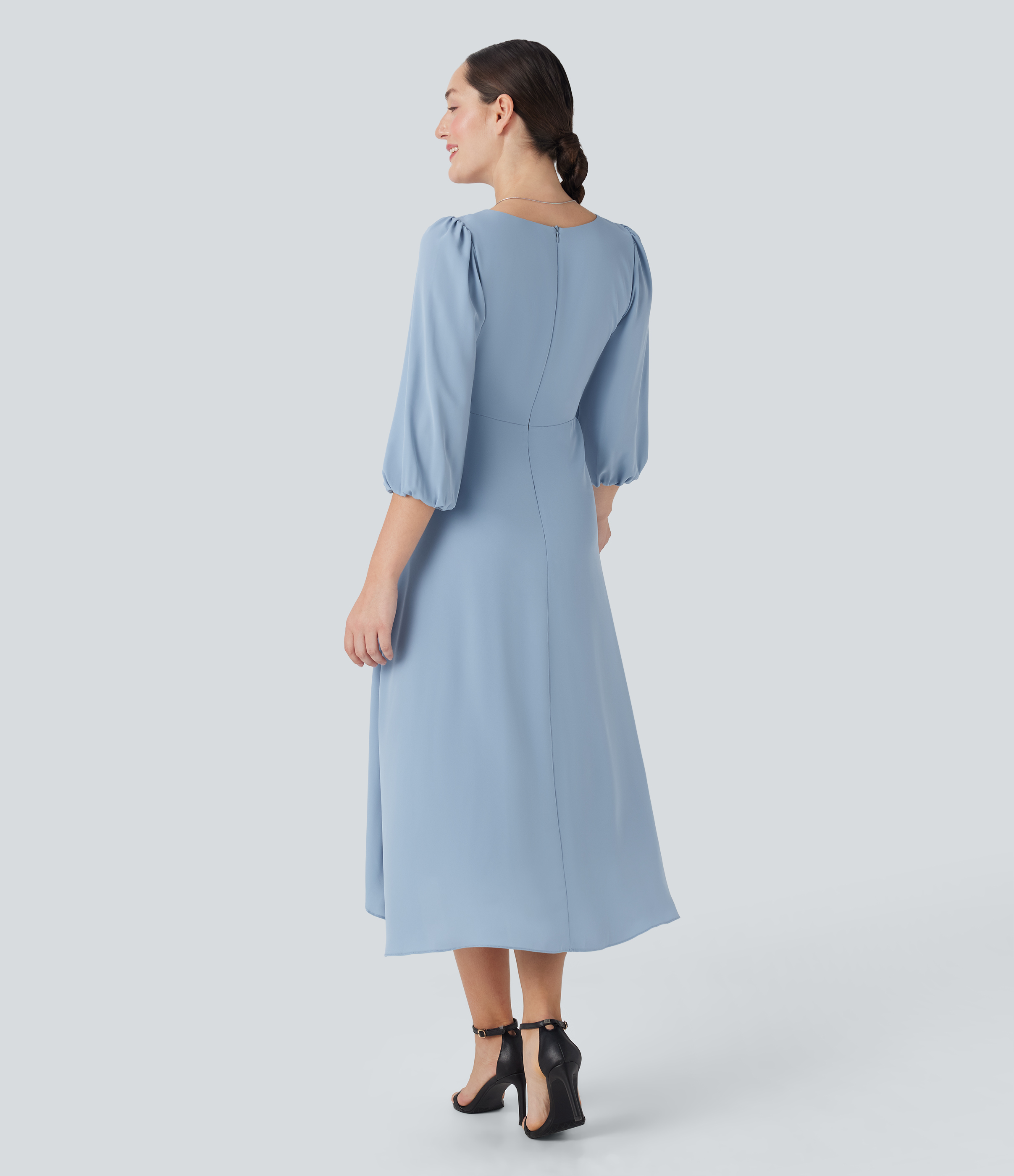 Skyride Vestido casual midi plisado con cuello en V y mangas 3/4 / 2