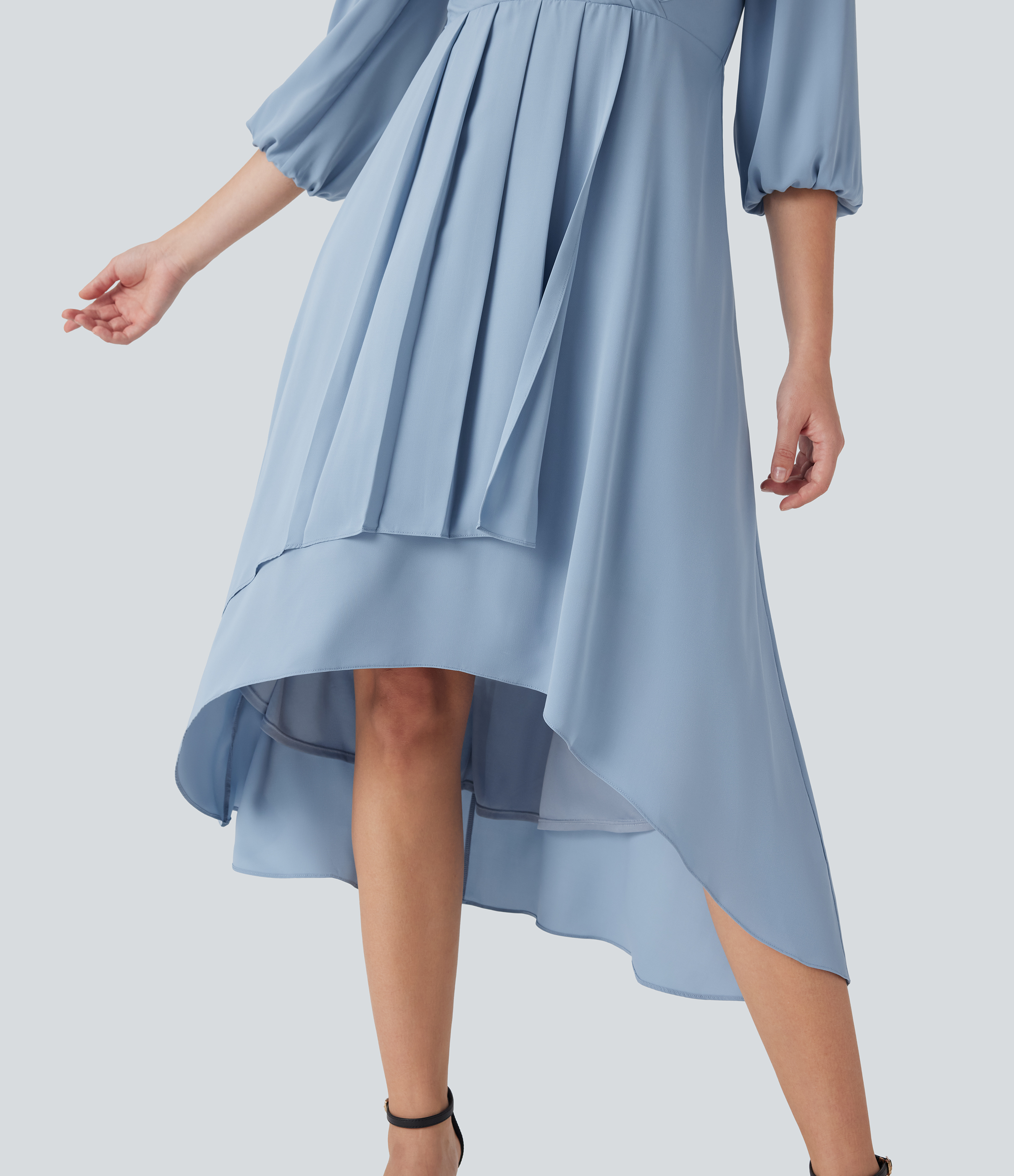 high low dresses casual with sleeves A-line Ruched V-neck Short Sleeves High Low Chiffon Dusty Blue Bridesmaid Dresses