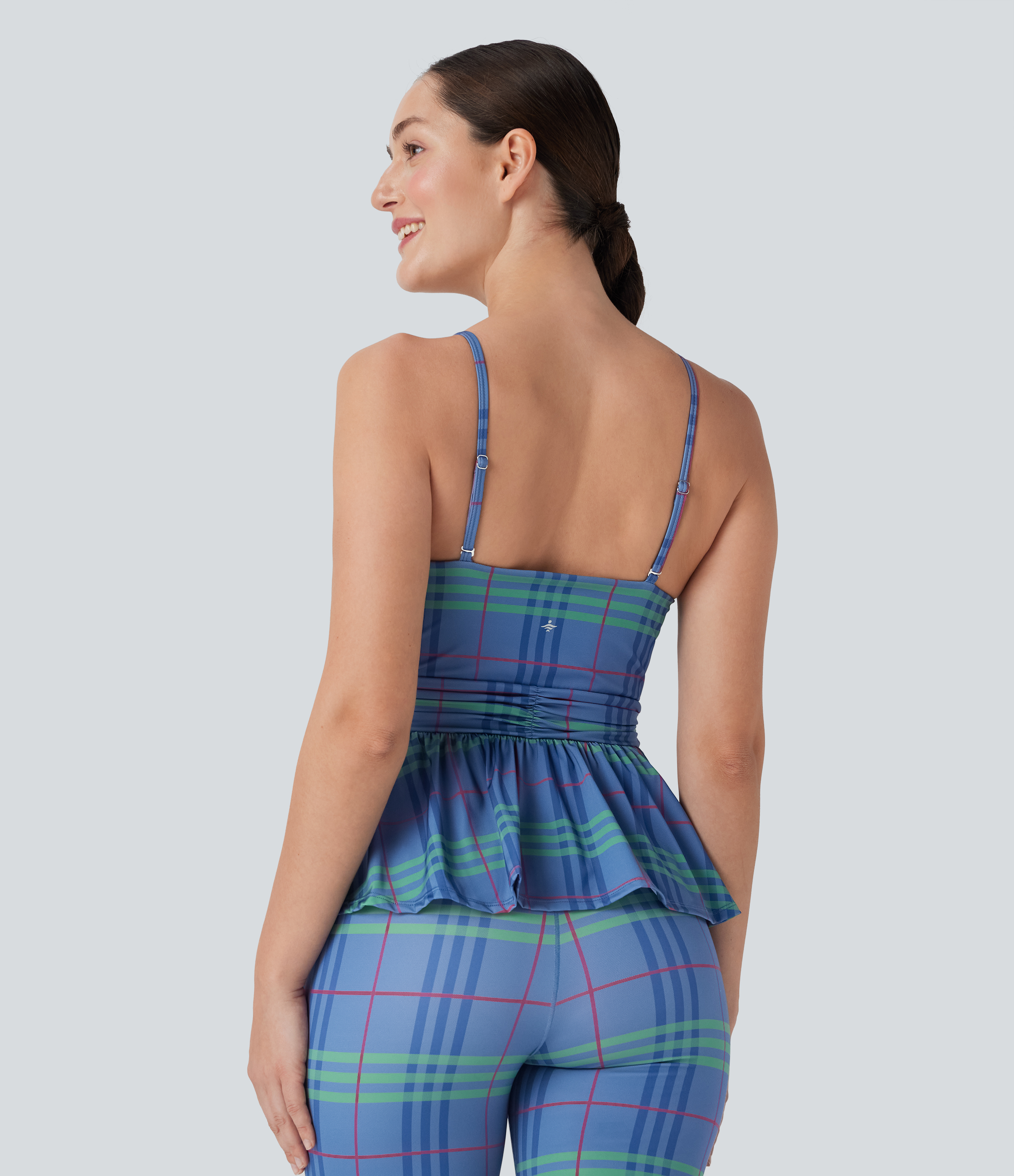 Sky Blue Greengage Red Plaid Top de yoga de tacto fresco a cuadros con dobladillo y volantes / 2