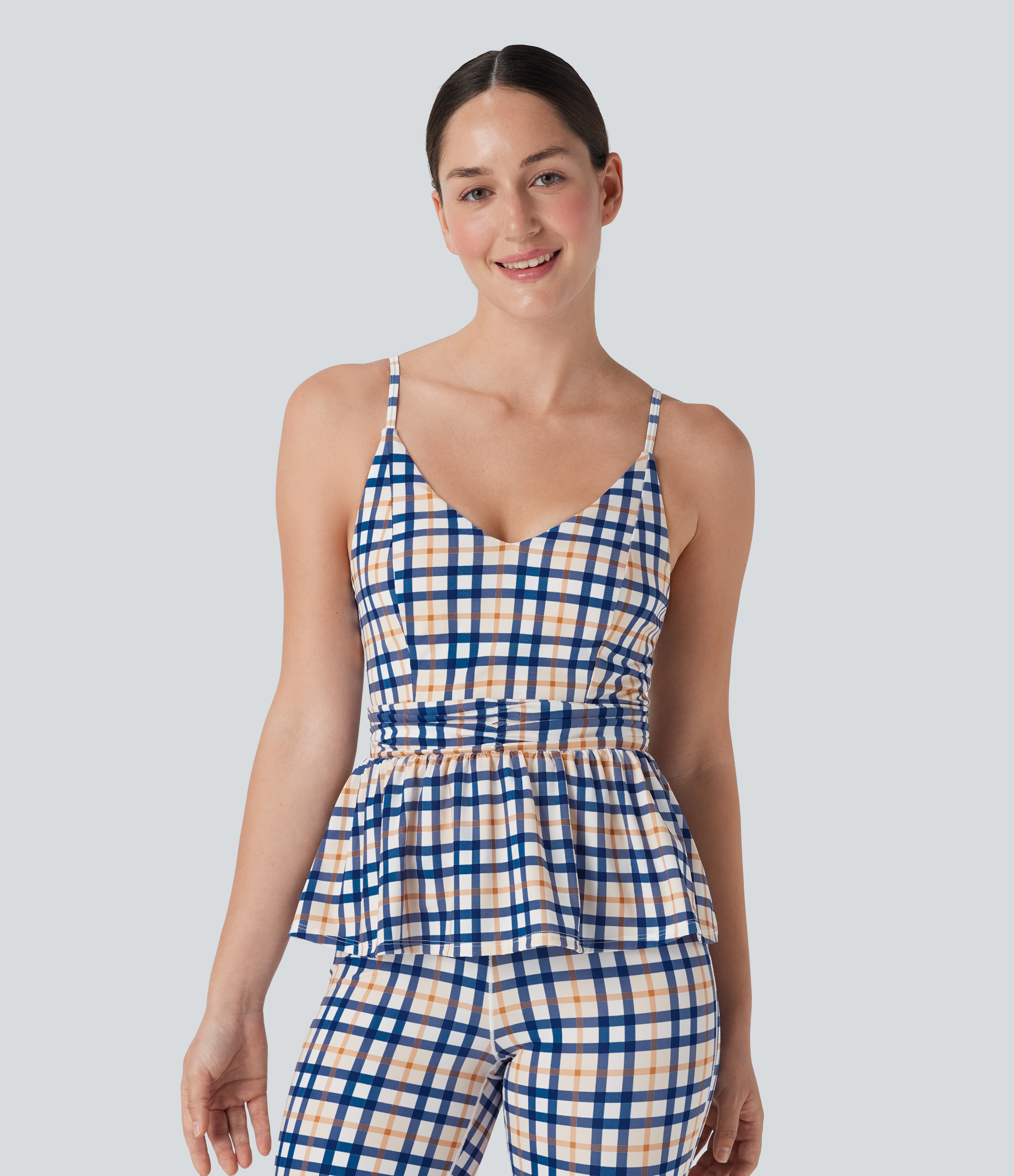 Blue White Golden Haze Plaid Ruffle Hem Plaid InstantCool Yoga Cami Top / 1