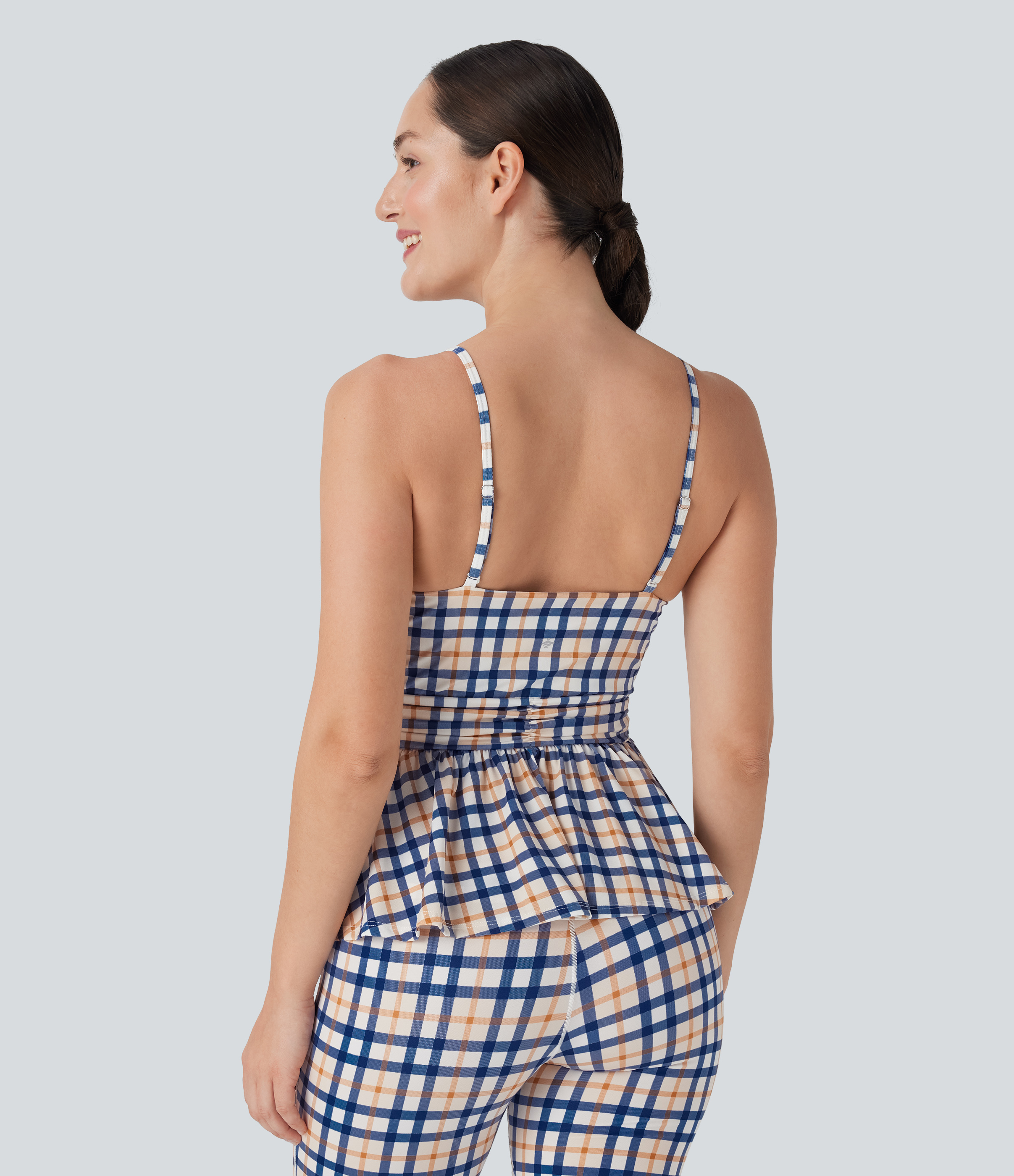 Blue White Golden Haze Plaid Ruffle Hem Plaid InstantCool Yoga Cami Top / 2