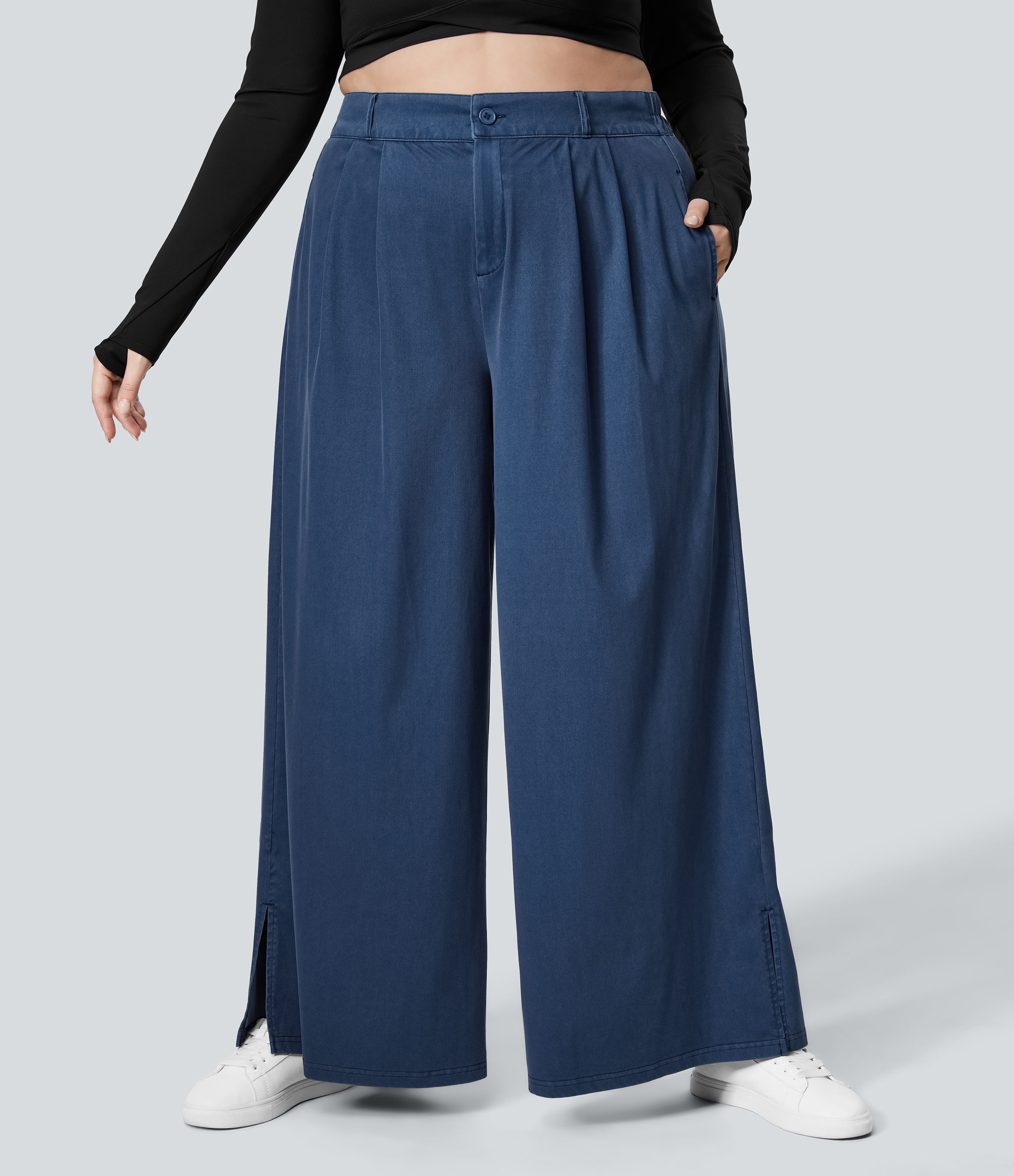 Indigo Blue Denim High Waisted Zipper Pocket Hem Wide Leg Casual Plus Size Trousers / 1