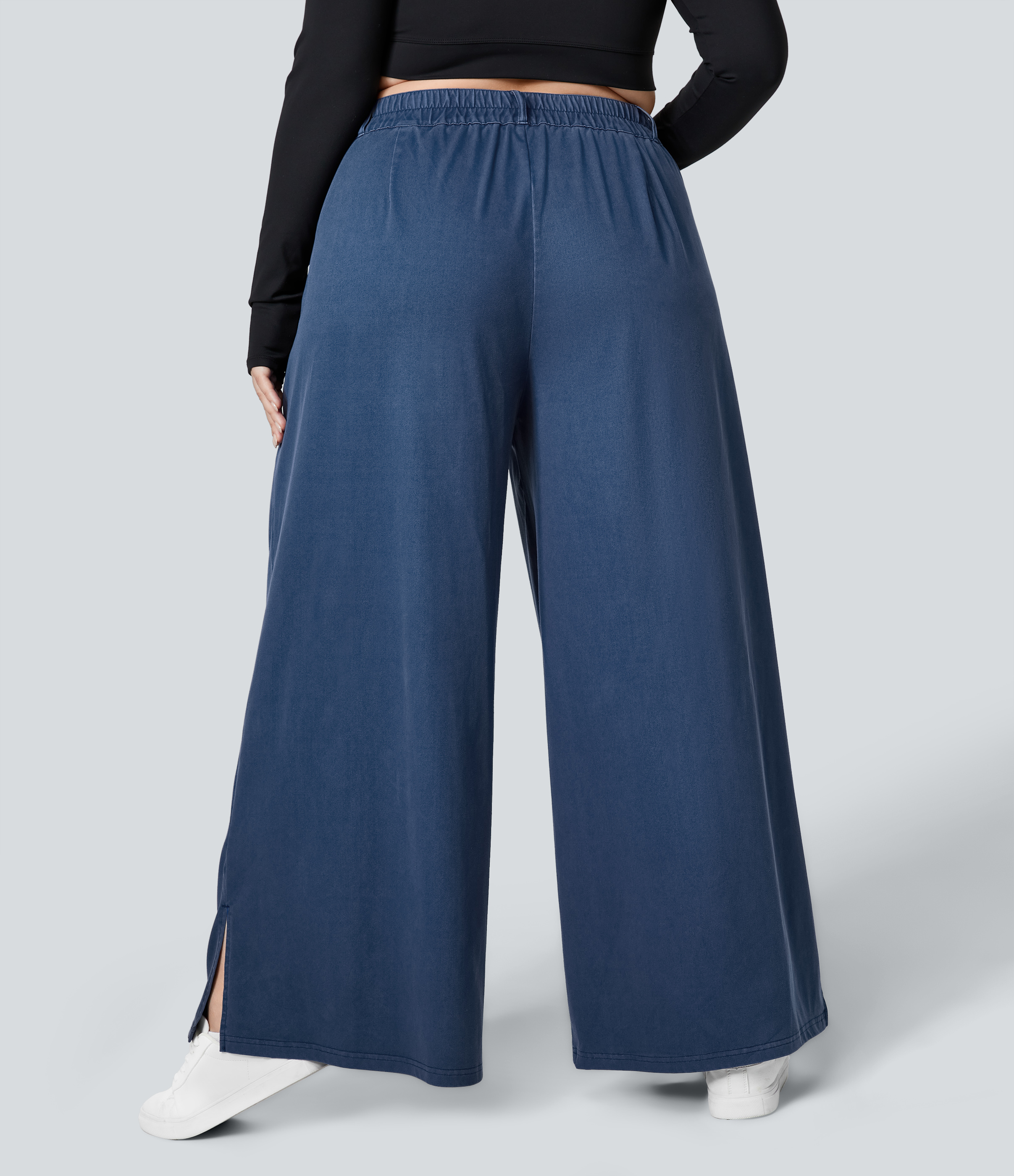 Indigo Blue Denim High Waisted Zipper Pocket Hem Wide Leg Casual Plus Size Trousers / 2