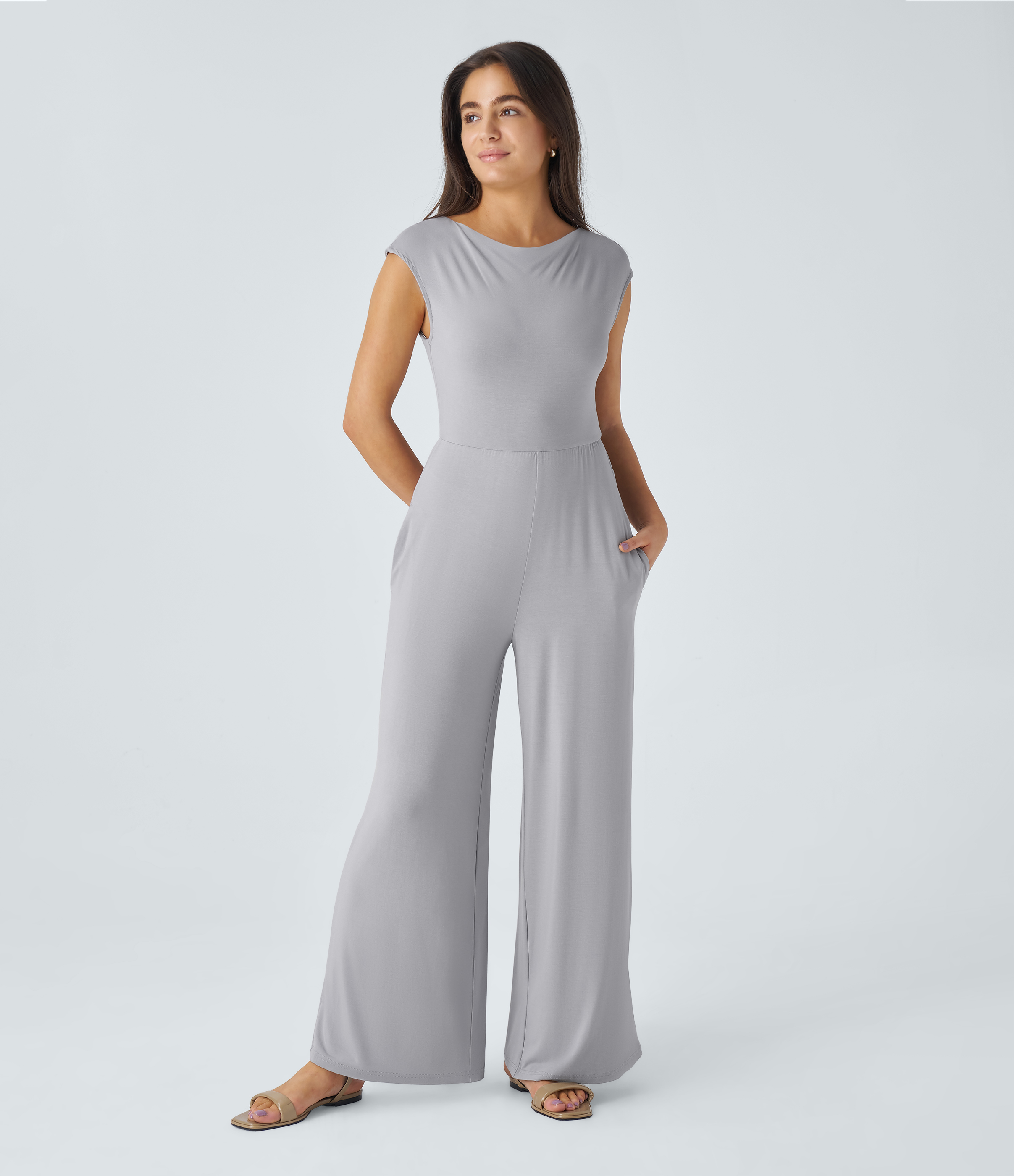 Draped neck cap sleeve backless twist side pocket casual jumpsuit