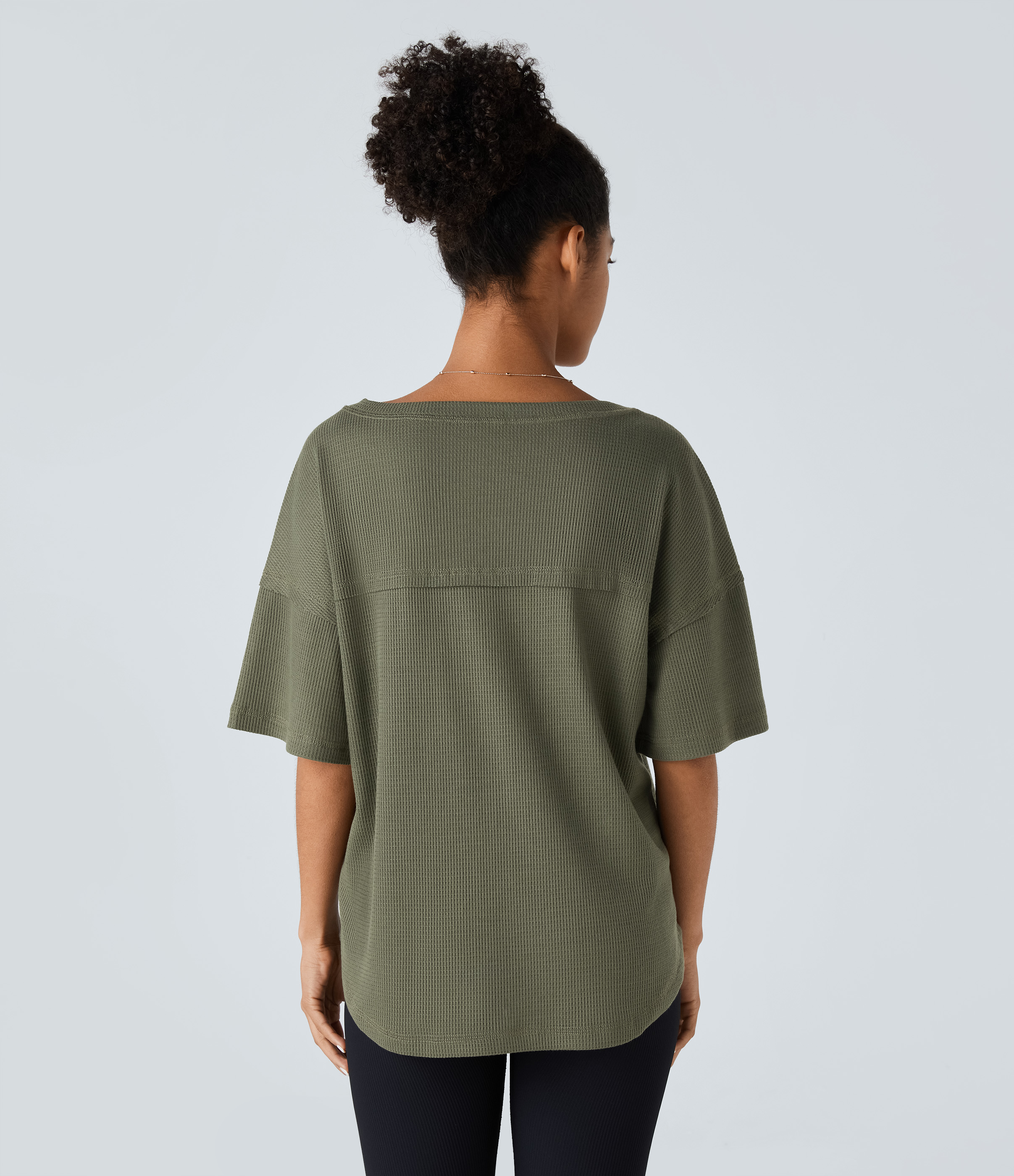 Azurite Green Camiseta gofre cuello V hombro caído dobladillo curvado / 2