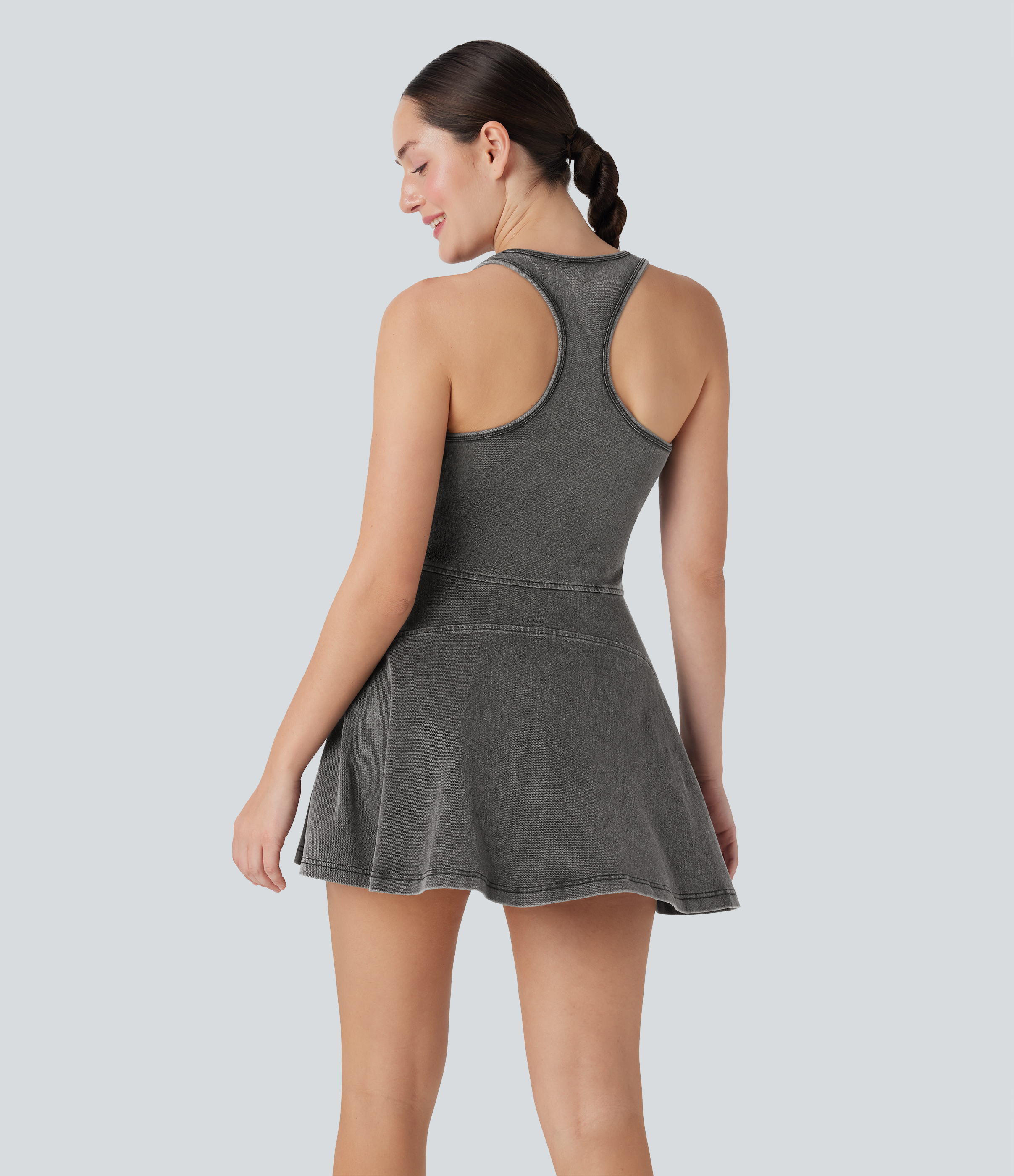 Poppy Seed Denim Halara Flex™ - Verwaschenes, ärmelloses Freizeit-Minikleid aus elastischem Strick-Denim mit Racerback und halbem Reißverschluss / 2