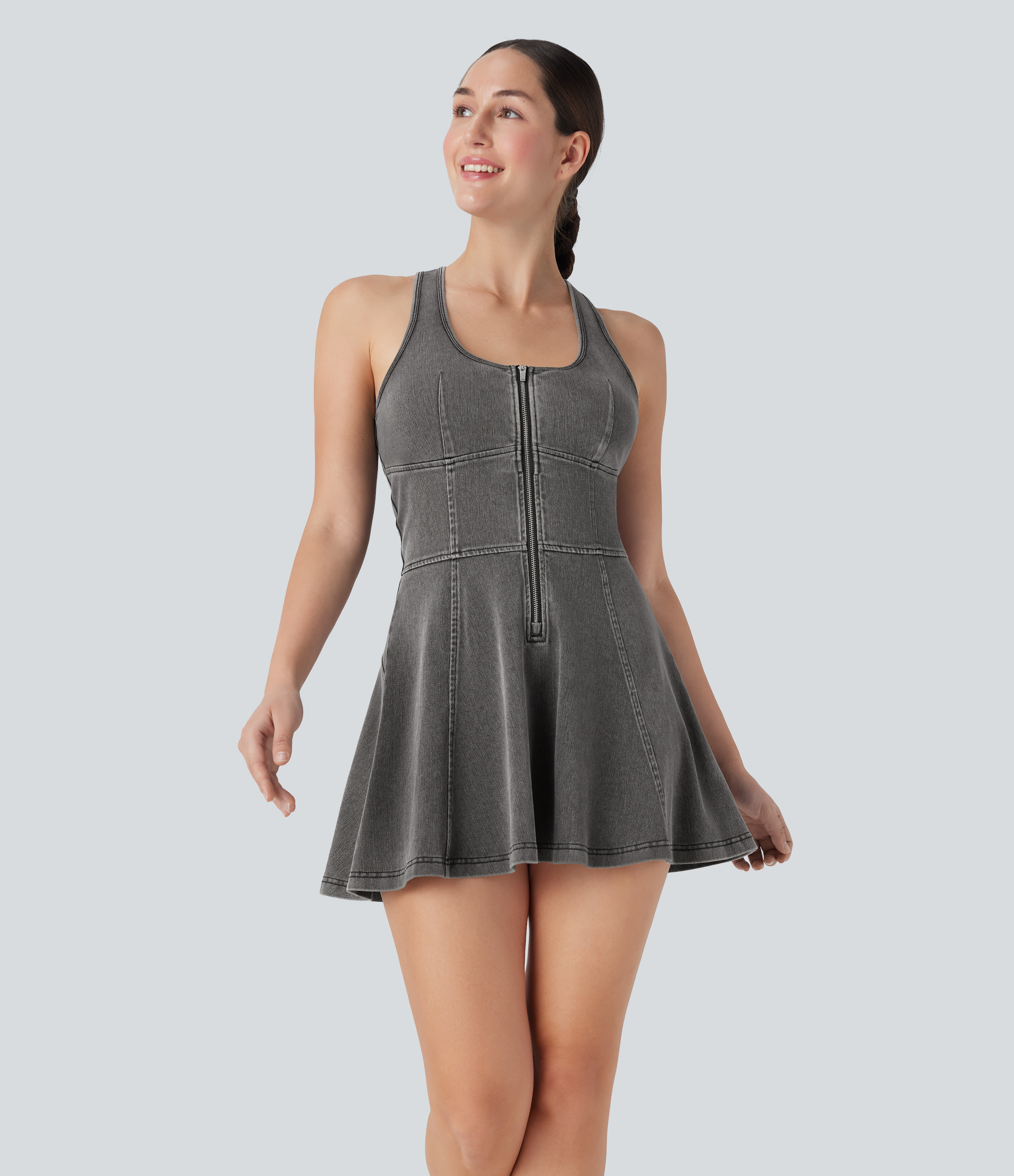 Halara Flex™ Racerback Sleeveless Half Zipper Mini Washed Denim Casual Dress