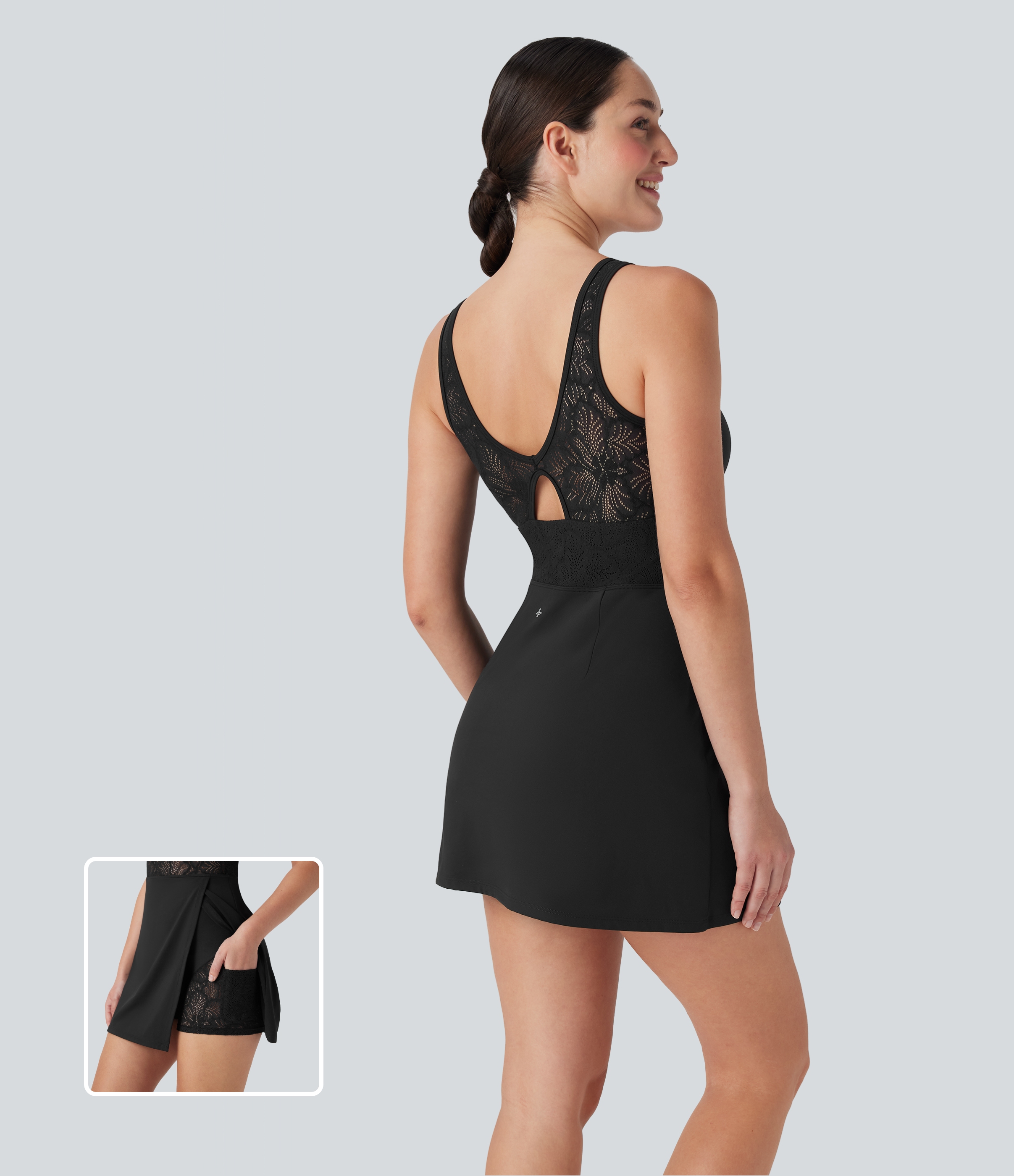 Vestido deportivo de tenis Softlyzero™ 2 en 1 fresco al tacto con abertura en el pecho con espalda descubierta y encaje en contraste con bolsillo - UPF 50+