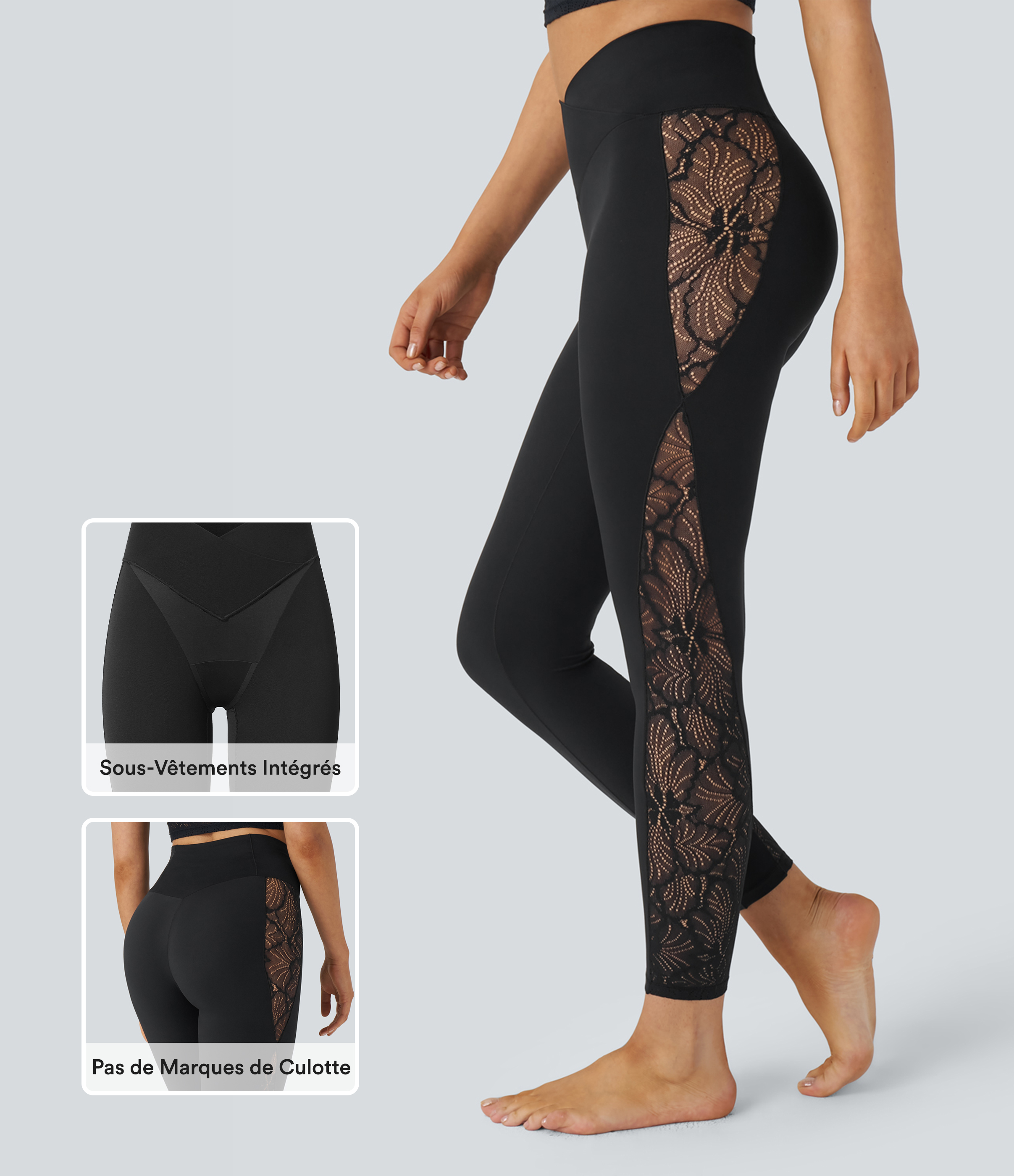 Legging de yoga Softlyzero™ taille haute avec design croisé, dentelle contrastée, sous-vêtement intégré, poche et protection UPF50+
