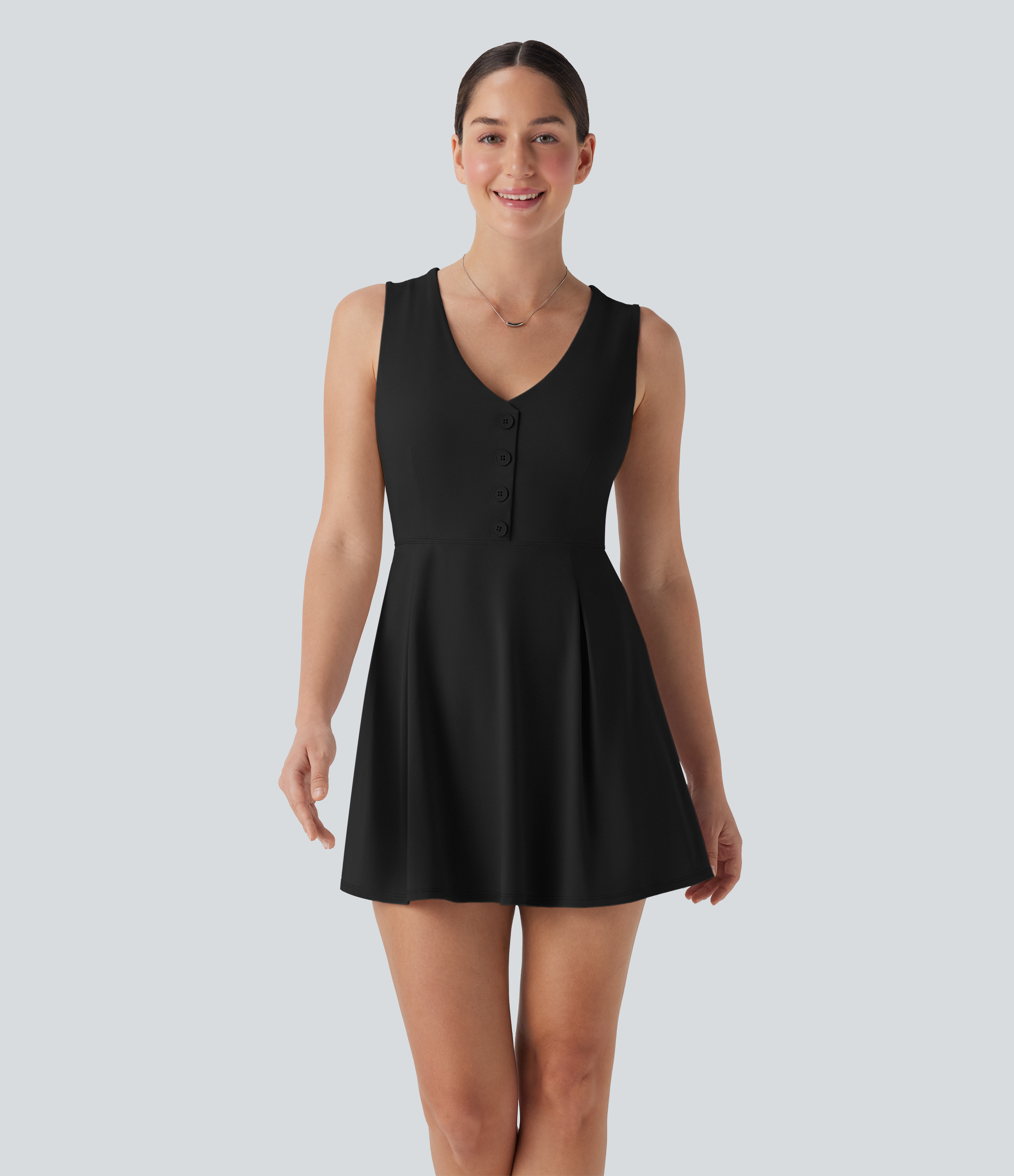 Negro Vestido mini casual de dos piezas con cuello en V sin mangas con botones decorativos y bolsillo / 1