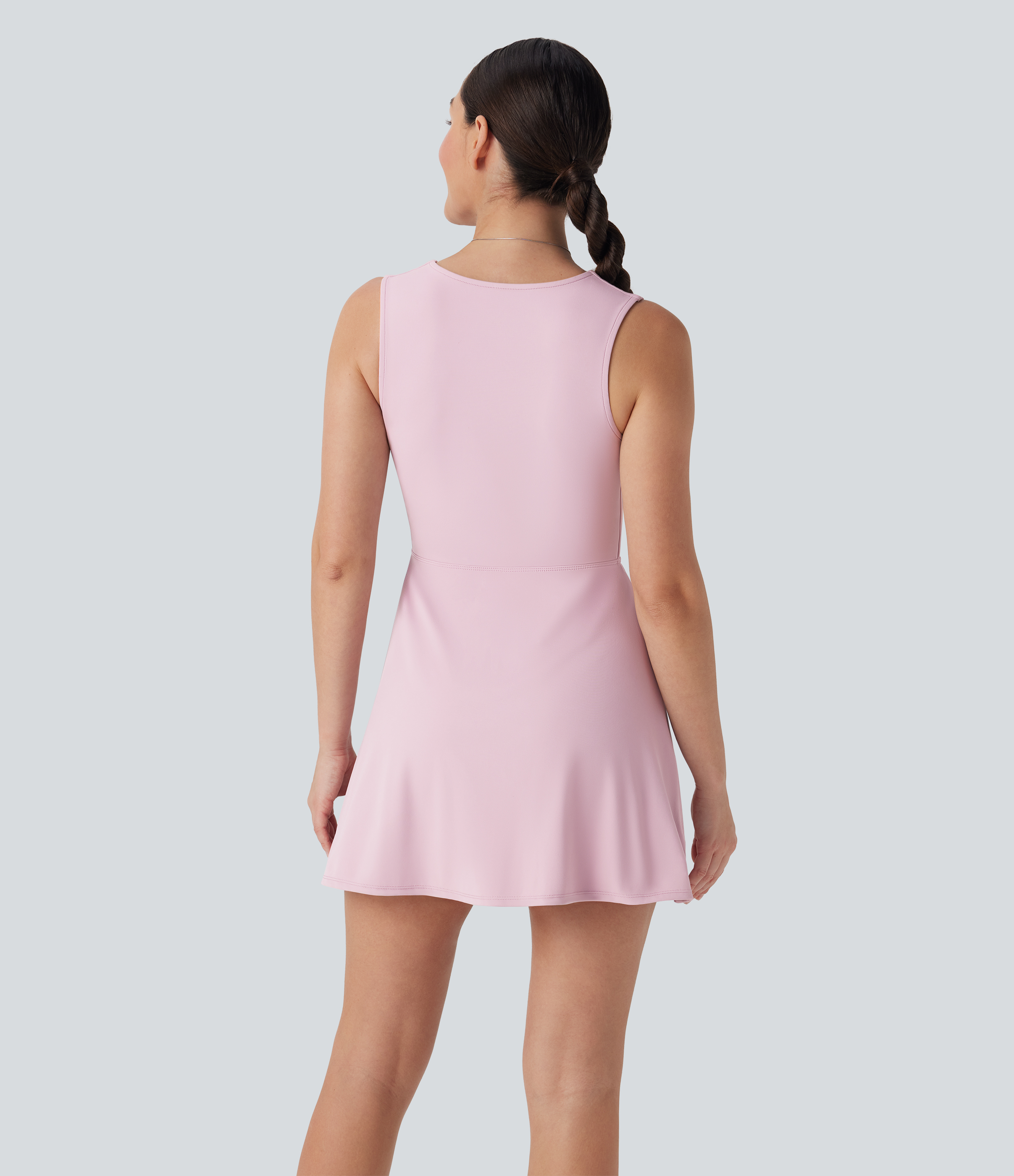 Putty Pink V Neck Sleeveless Decorative 2-Piece Mini Casual Dress with Pocket / 2