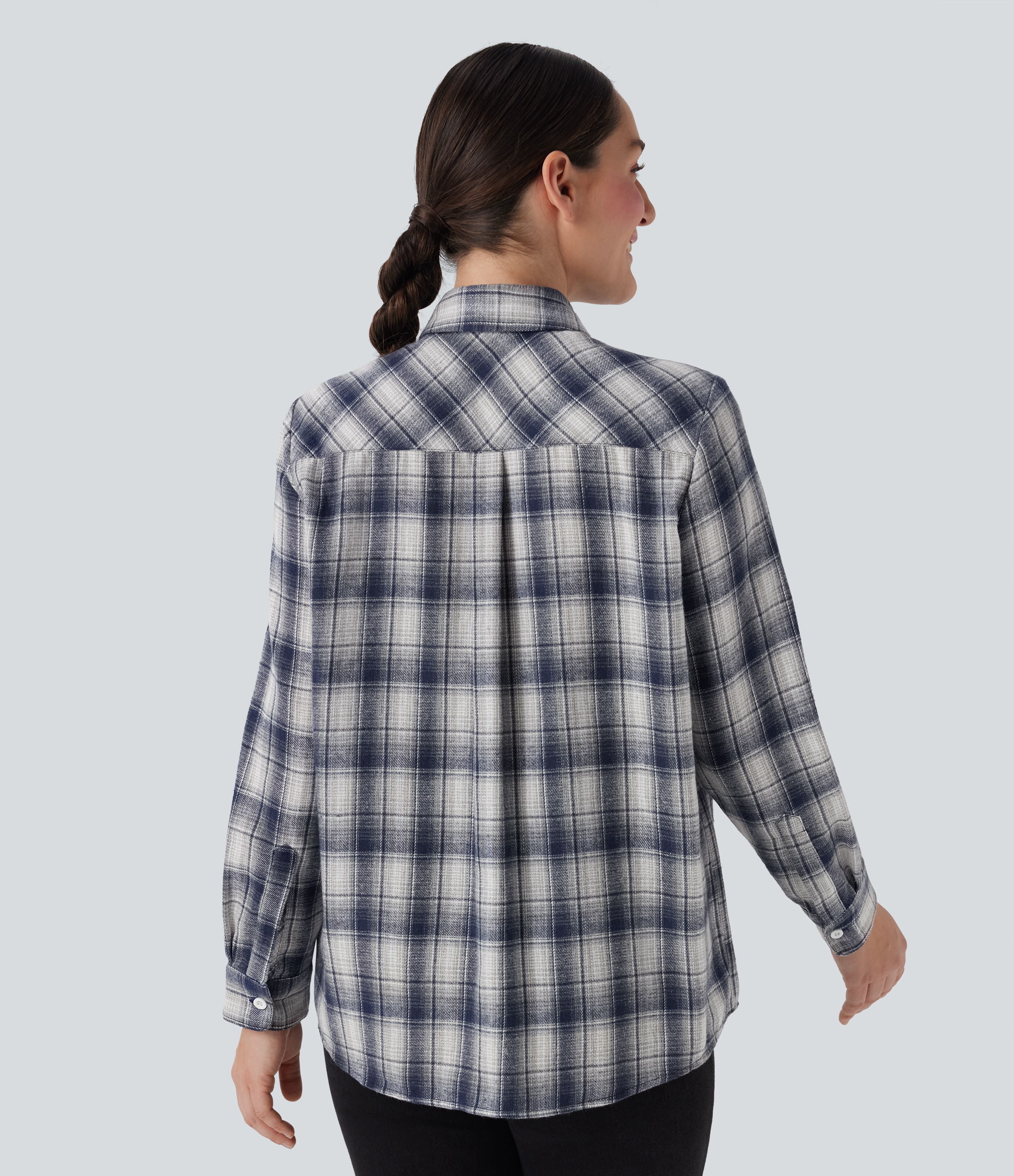 Blue Grey Plaid Leisure shirt with long sleeves, collar, and button placket / 2