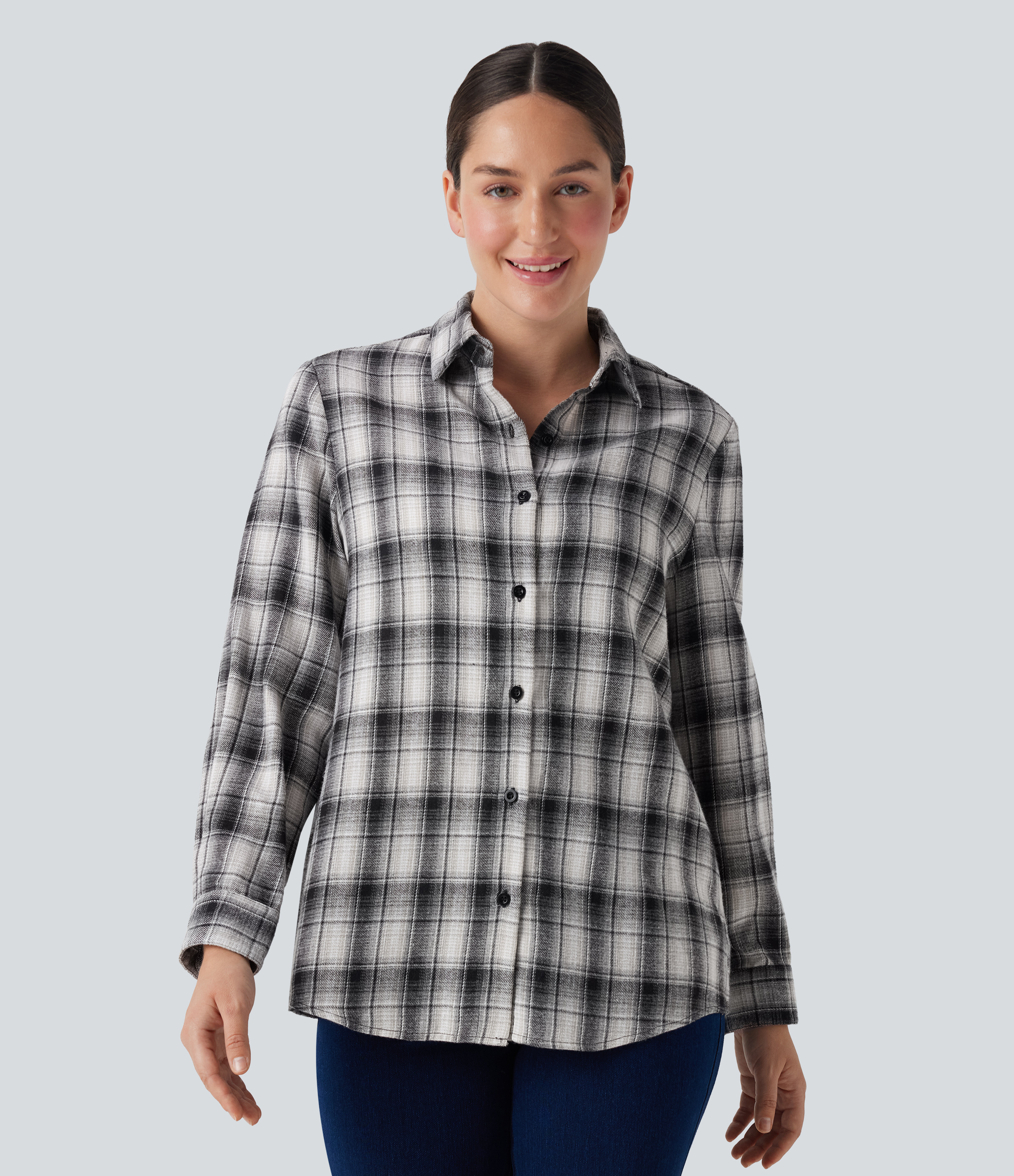 Graphite White Plaid Long Sleeve Plaid Casual Shirt / 1