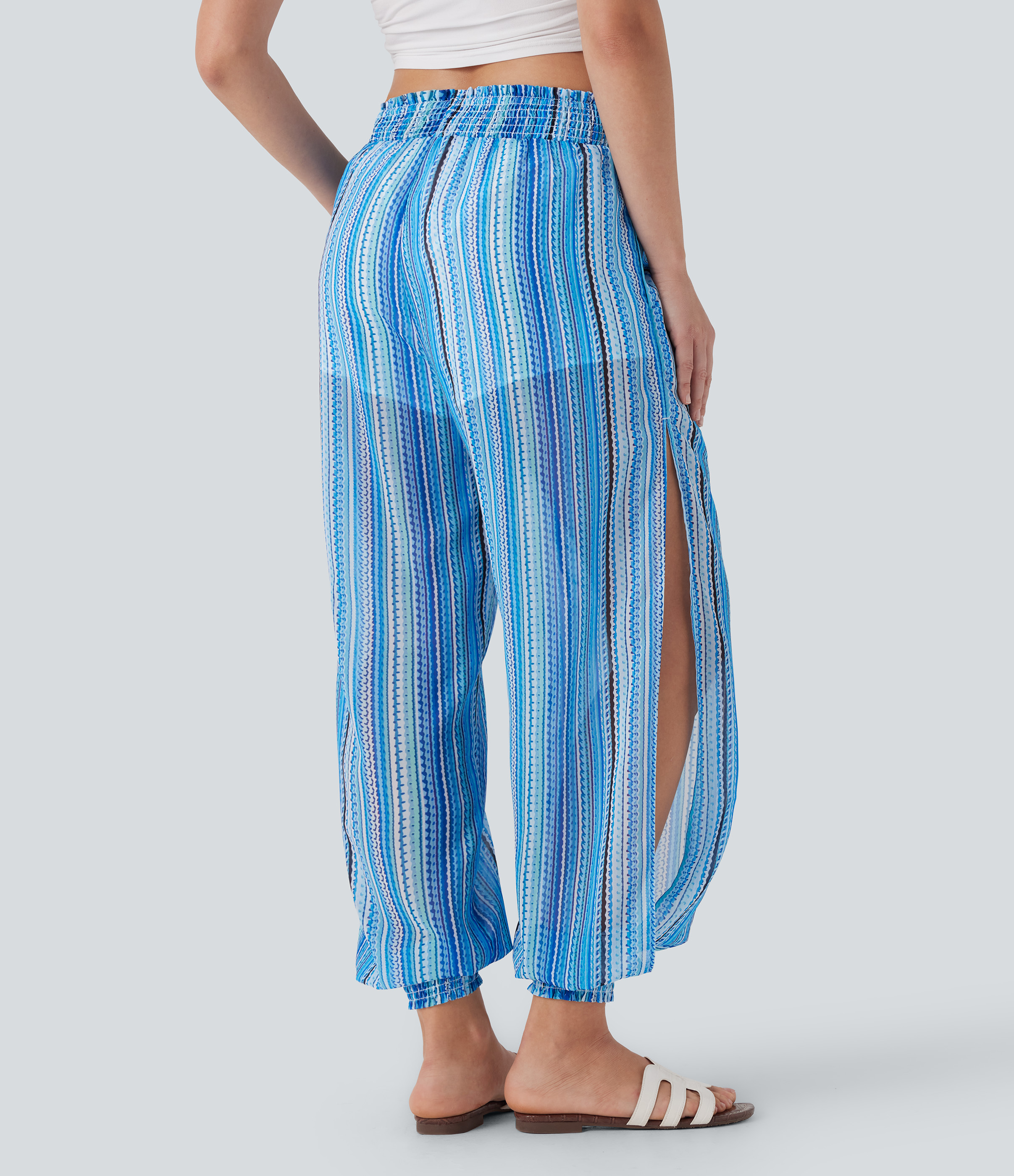 watercolor stripe Joggers casuales 2 en 1 de tiro alto a rayas con fruncido dividido y bolsillos / 2