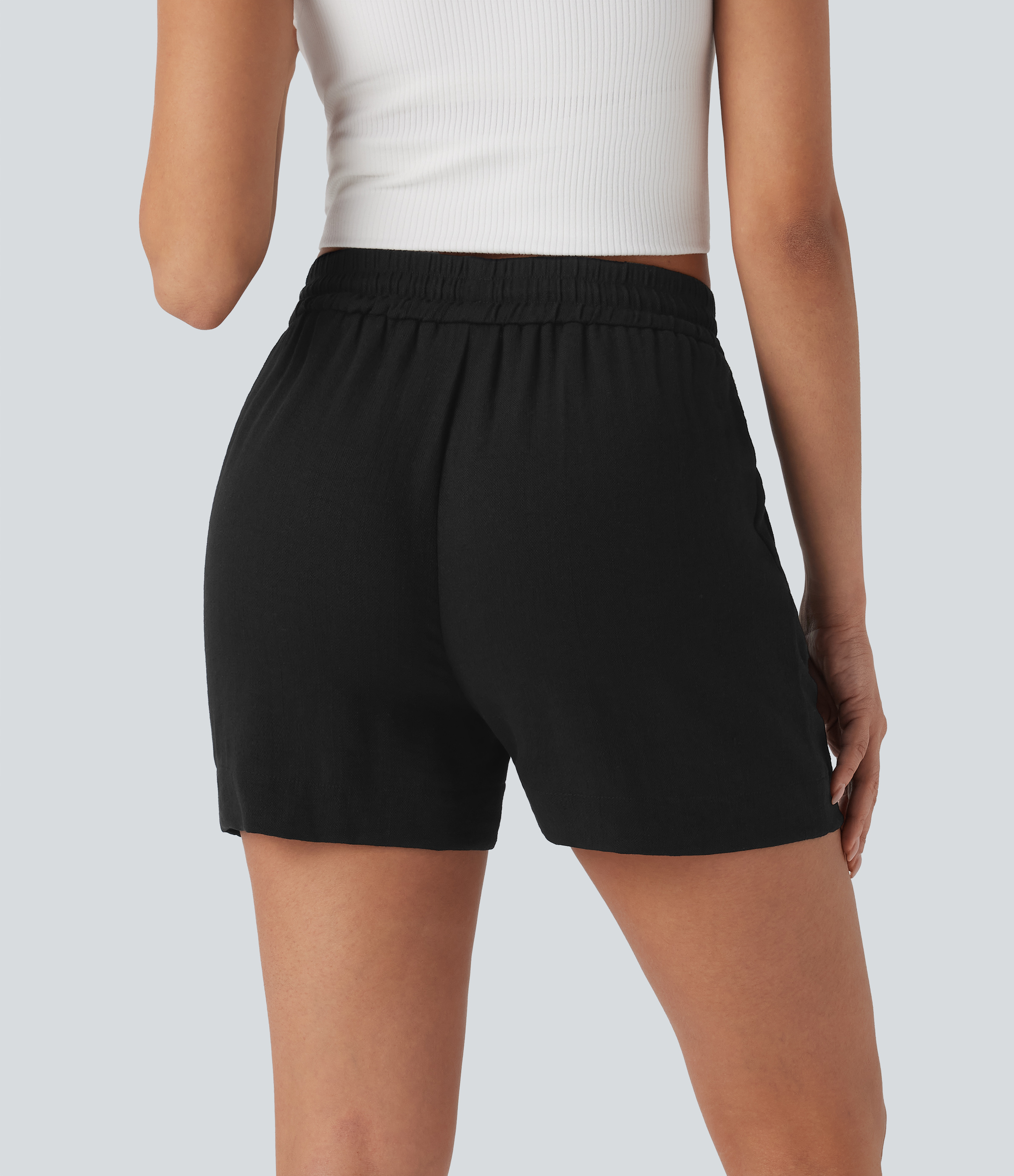 Noir Shorts de travail taille mi-haute en tissu effet lin, à cordon, avec poches latérales et fermeture éclair. / 2