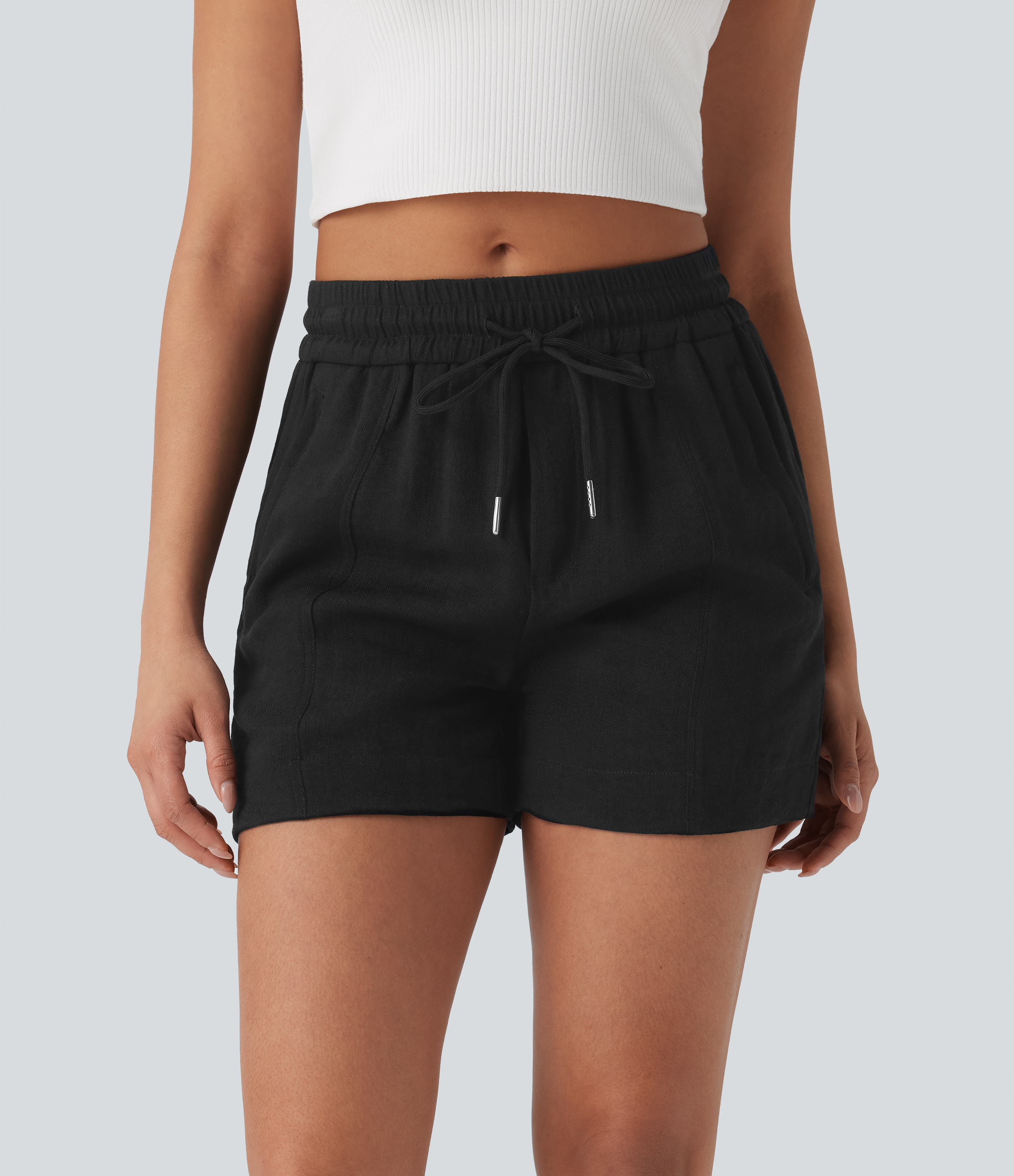 Noir Shorts de travail taille mi-haute en tissu effet lin, à cordon, avec poches latérales et fermeture éclair. / 1