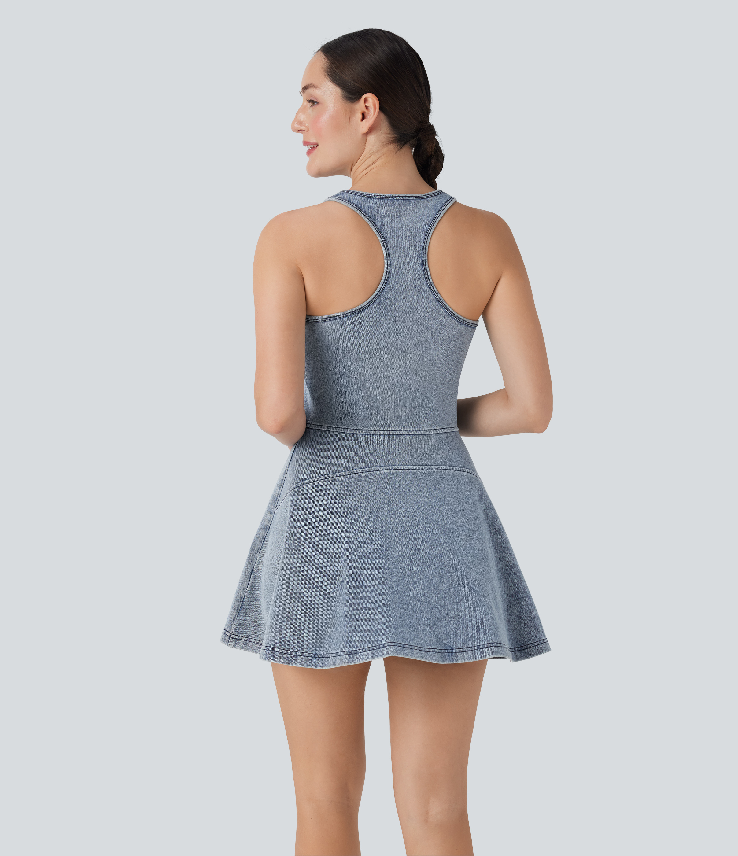 Malibu blue Denim Vestido mini Halara Flex™ Denim mezclilla elástica lavada espalda nadadora sin mangas y media cremallera / 2