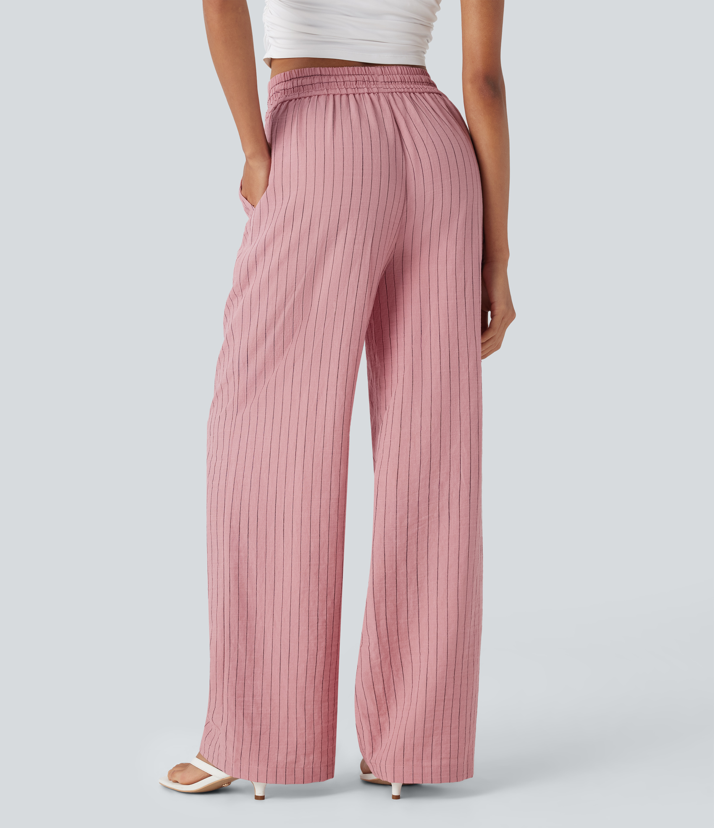 Candy Pink Black Yarn Dye Stripes Pantalones casuales anchos de lino a rayas de tiro alta con cordón y bolsillos laterales / 2