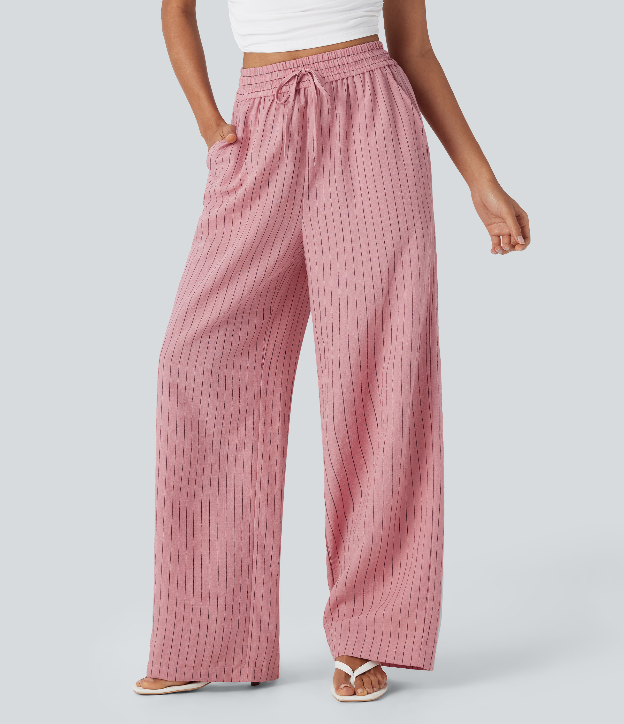 High Waisted Drawstring Wide Leg Stripe Casual Linen-Feel Trousers with Side Pockets