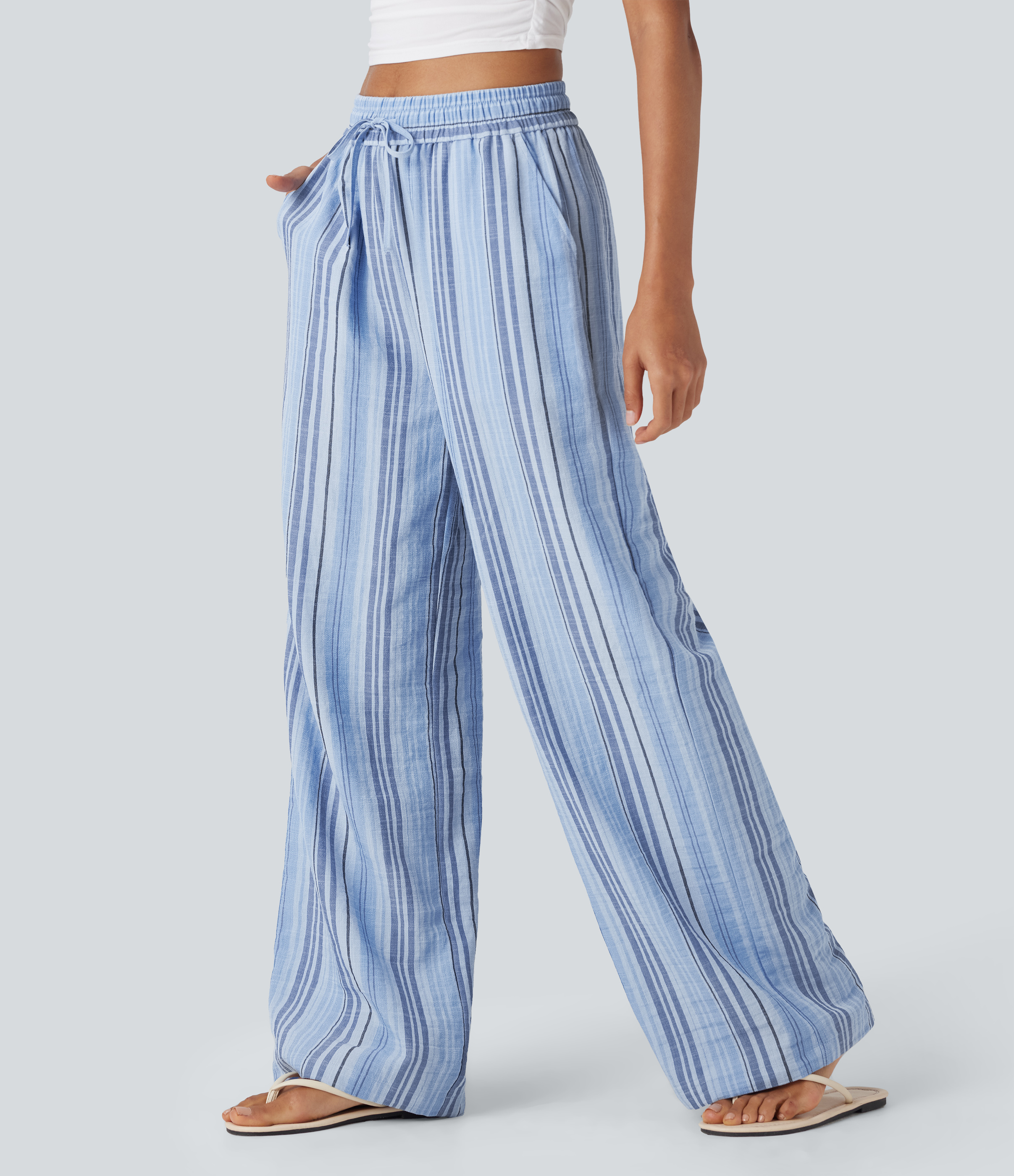 Bohemia Yarn Dye Blue Stripe High Waisted Drawstring Wide Leg Stripe Casual Linen-Feel Pants with Pockets / 1