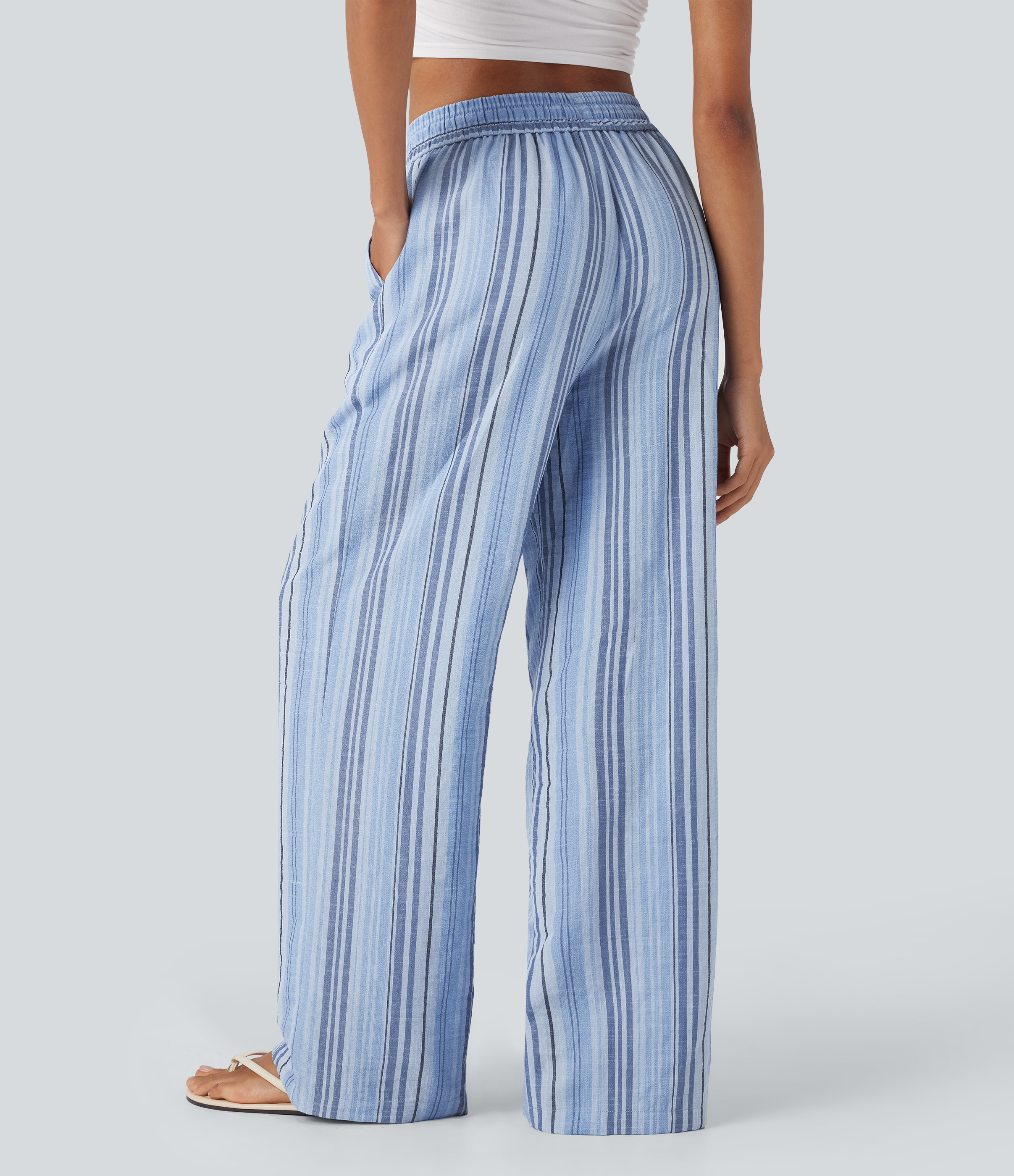 Bohemia Yarn Dye Blue Stripe High Waisted Drawstring Wide Leg Stripe Casual Linen-Feel Pants with Pockets / 2