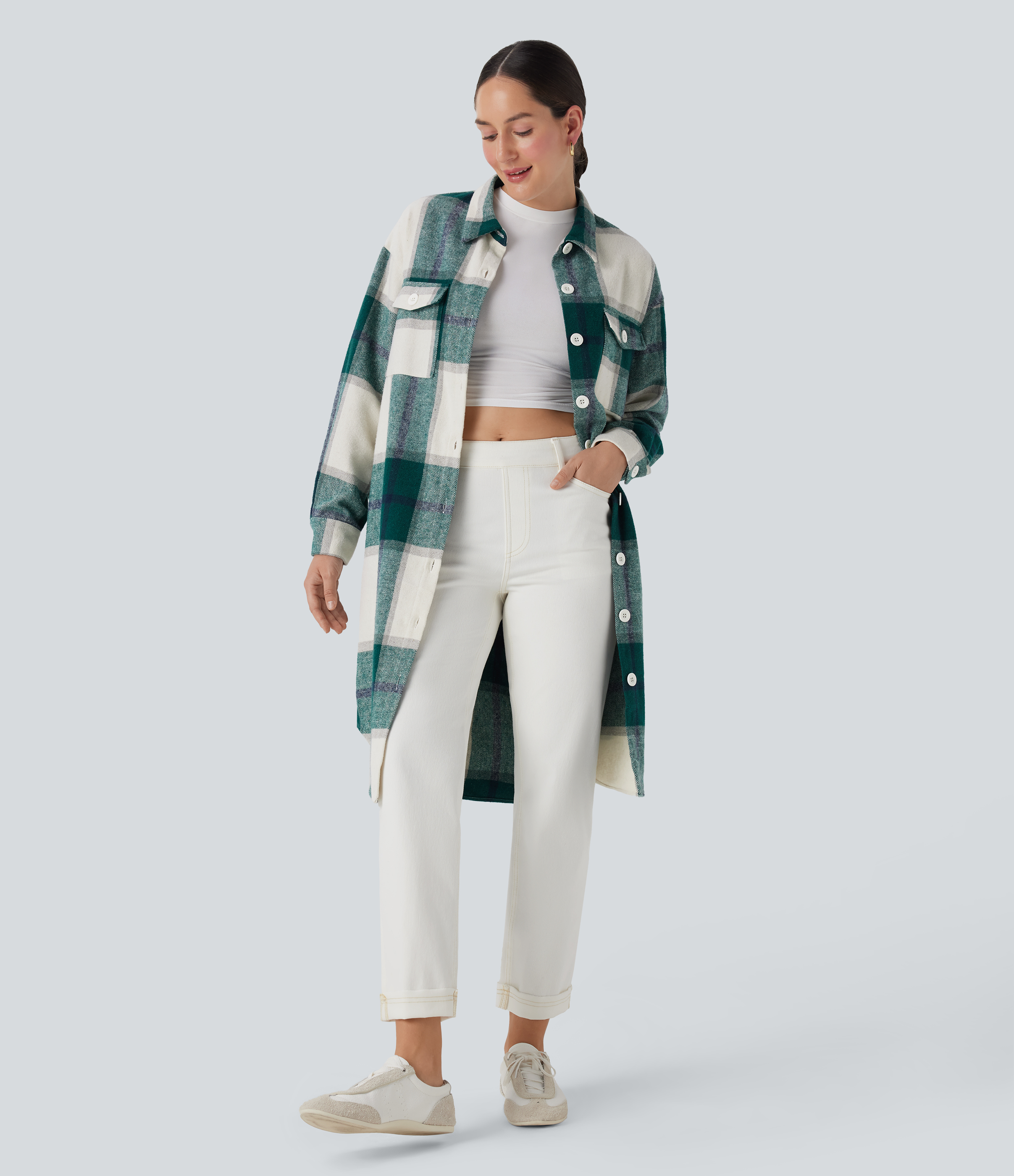 Veste décontractée longue à motif écossais avec ourlet arrondi et poches