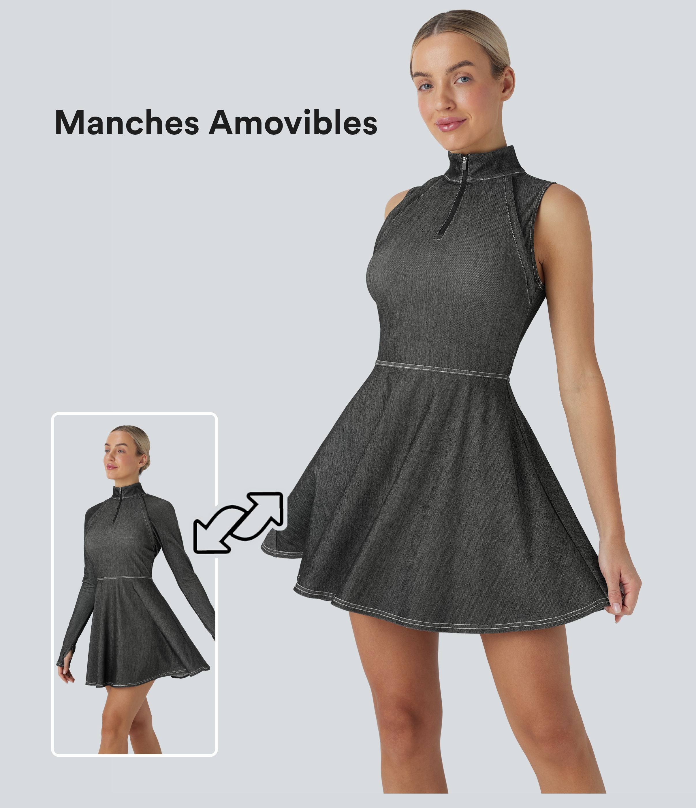 Robe active de tennis Halara Flex™ courte évasée en tricot denim stretch délavé, toucher frais, avec manches amovibles à zip et trous pour pouces