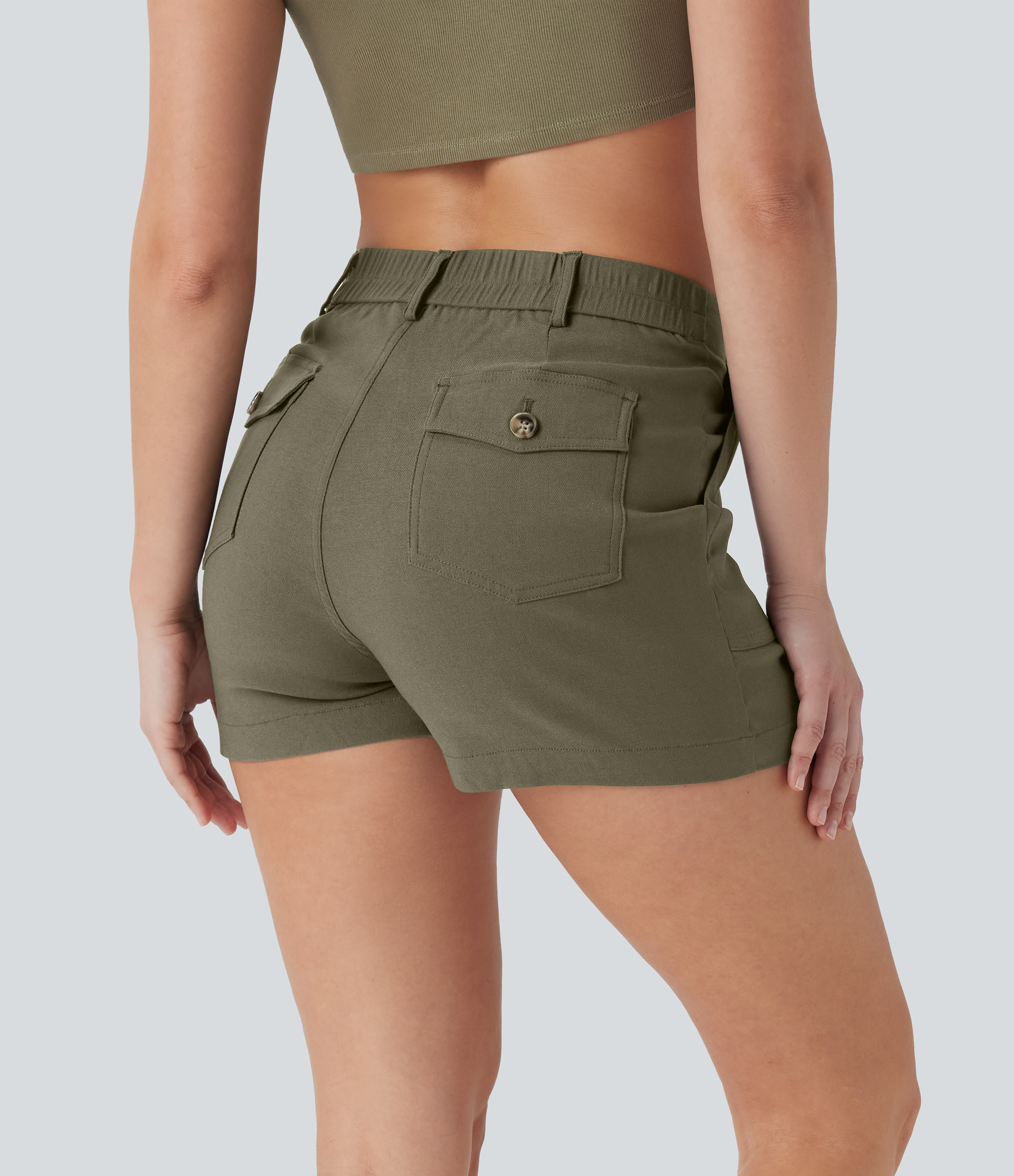 Withered Green Shorts casuales de tiro alto con múltiples bolsillos / 2