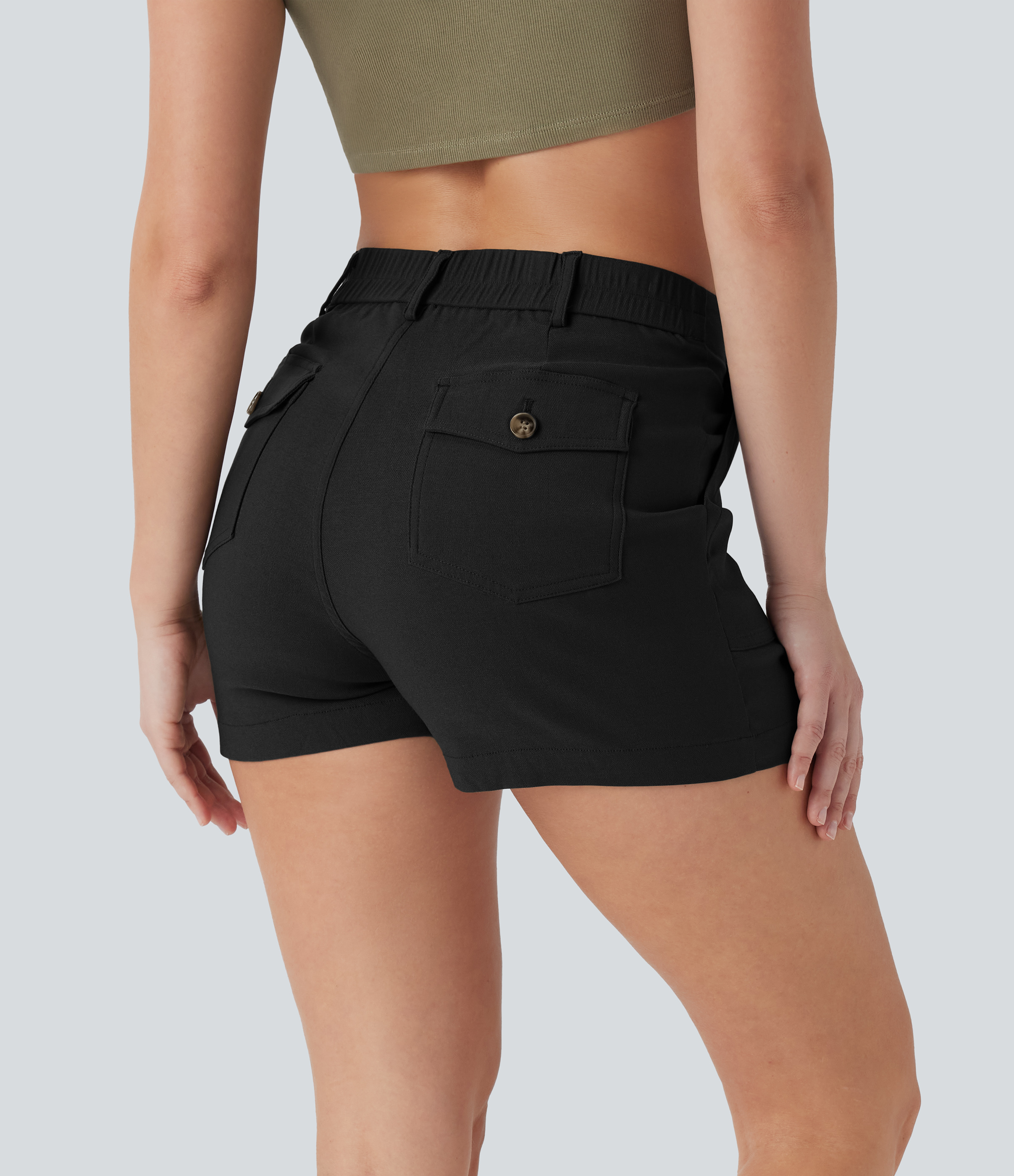Schwarz Hochsitzende lässige Shorts mit Taschen / 1
