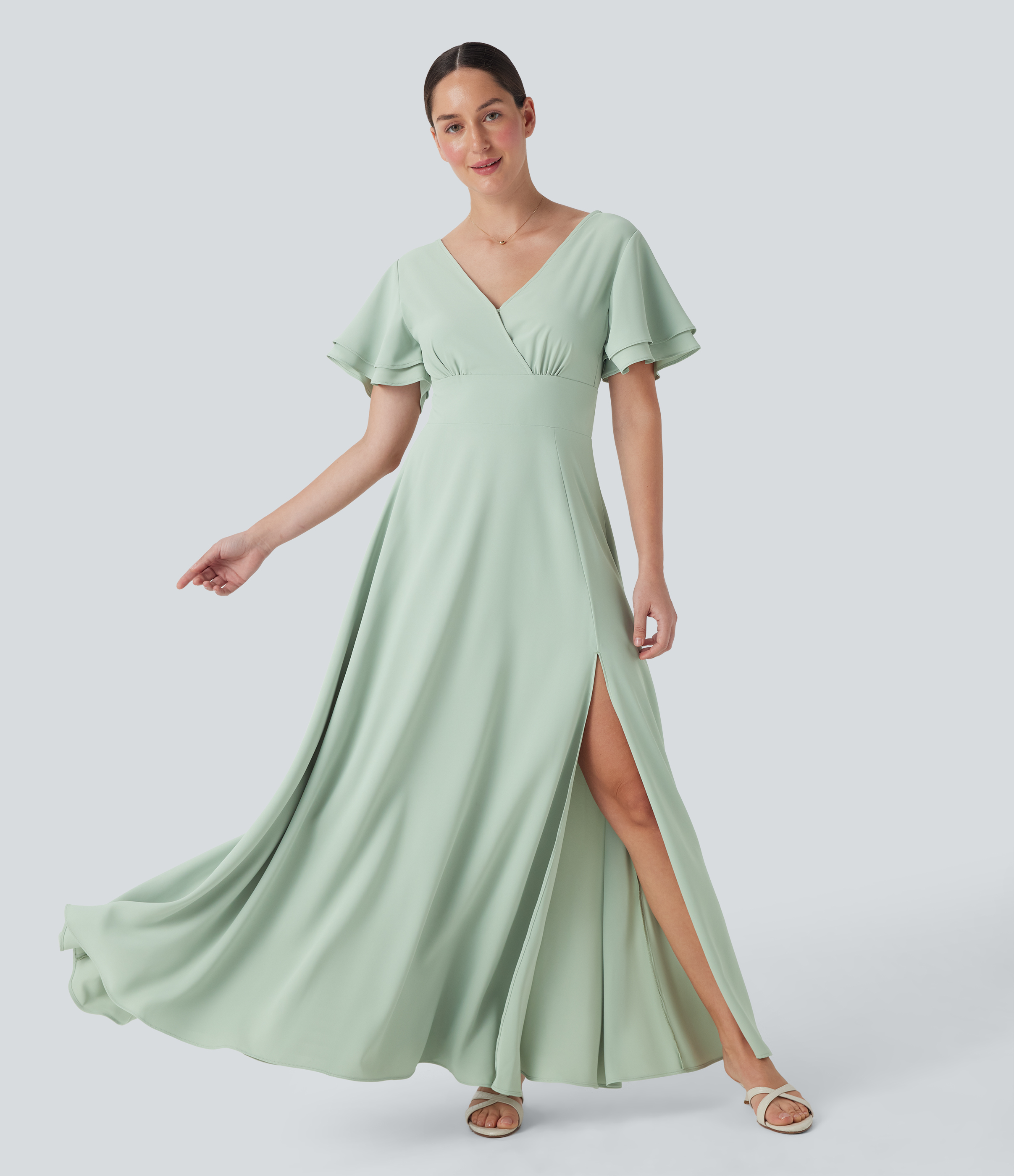 Ghostin' - Celadon Vestido maxi de dama de honor e invitada de boda con escote en V, manga corta con espalda abierta y abertura lateral / 2