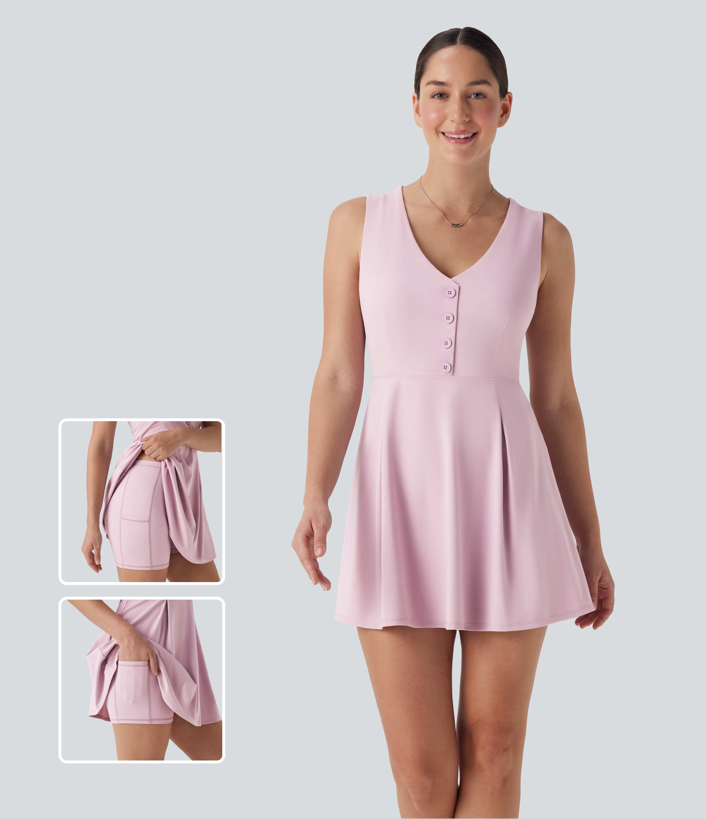 Putty Pink Vestido mini casual de dos piezas con cuello en V sin mangas con botones decorativos y bolsillo / 1