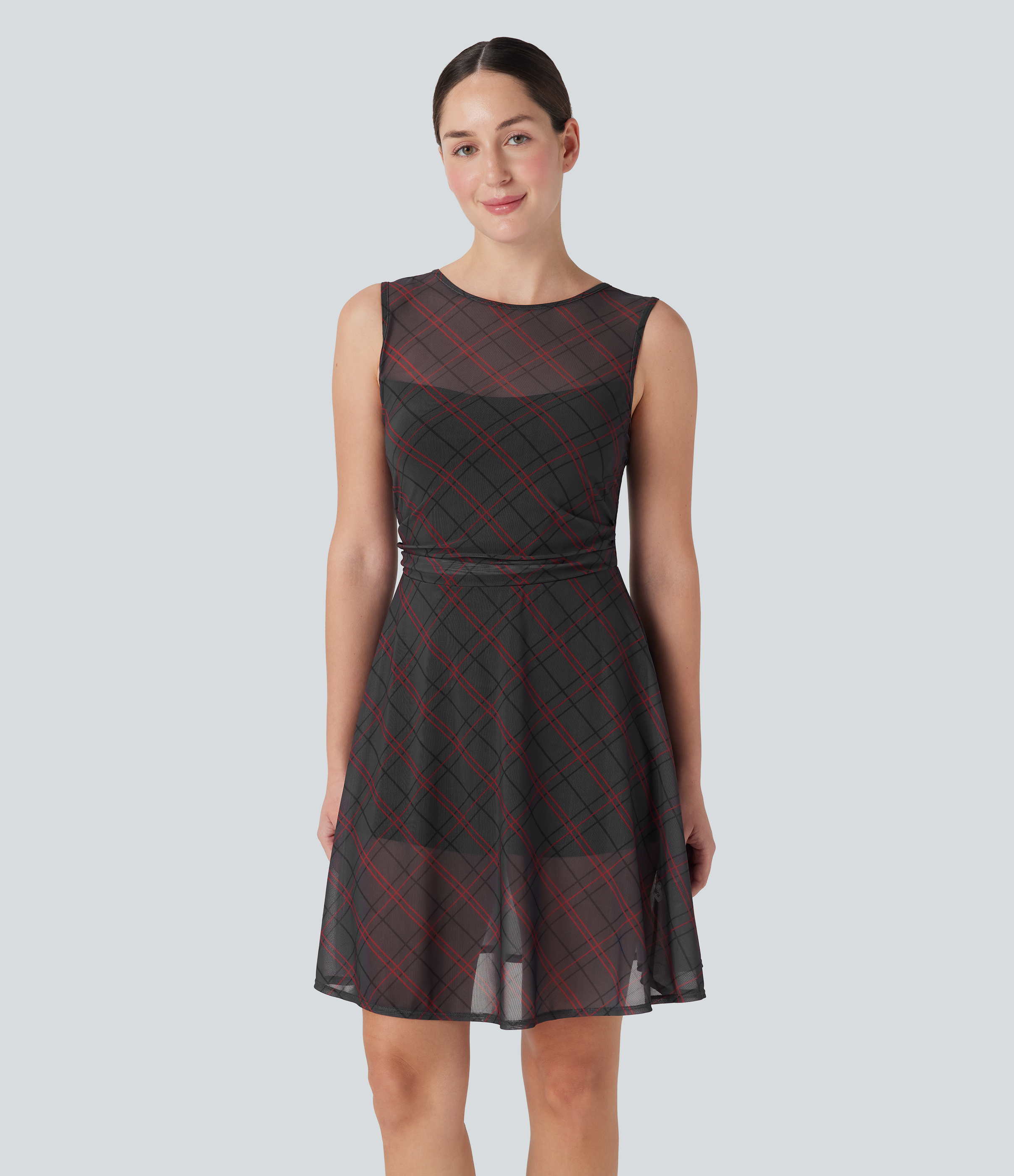 Charcoal Black Plaid Sleeveless Plaid Contrast Mesh 2-in-1 Mini Casual Dress with Side Pocket / 1