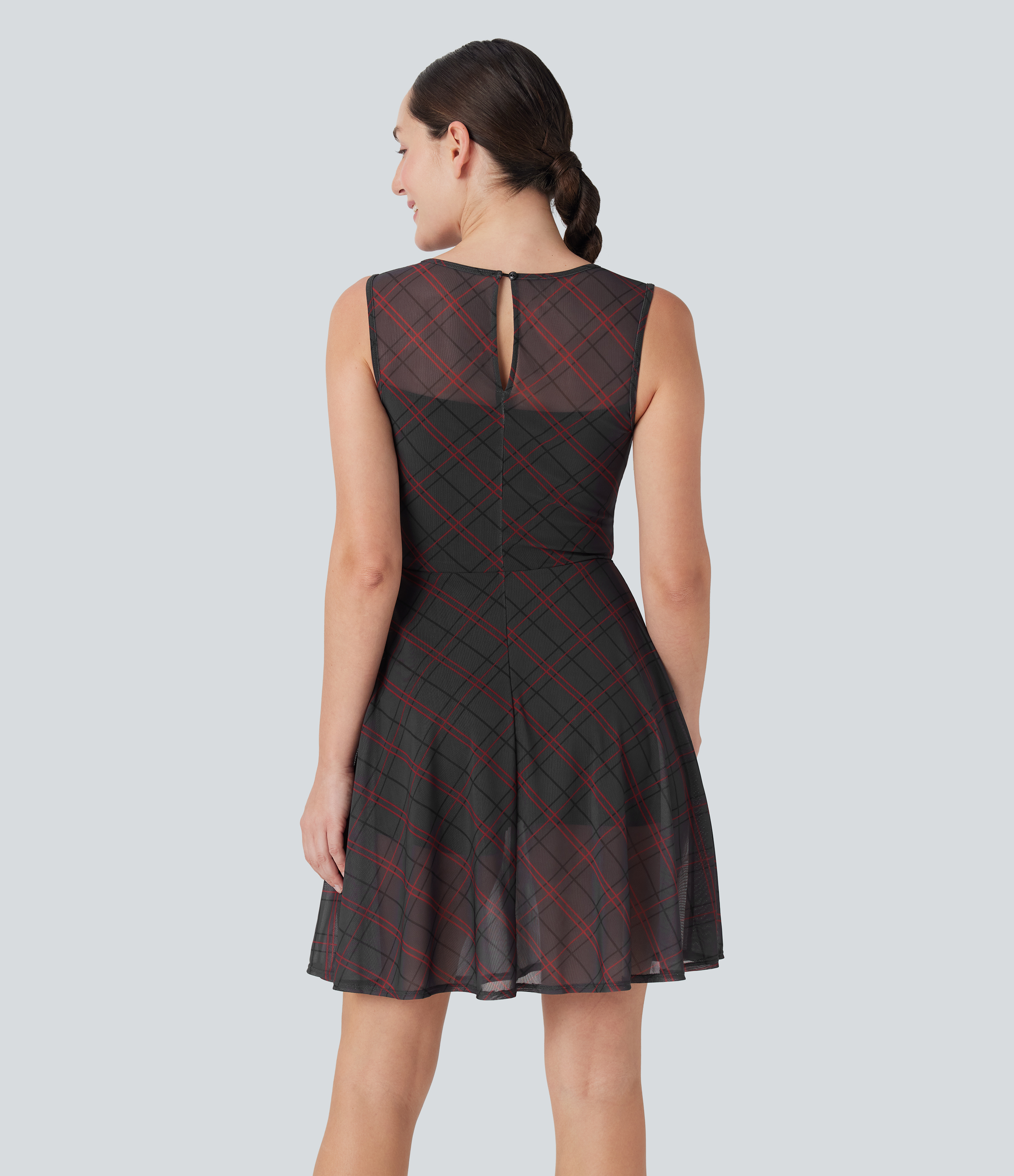 Charcoal Black Plaid Sleeveless Plaid Contrast Mesh 2-in-1 Mini Casual Dress with Side Pocket / 2