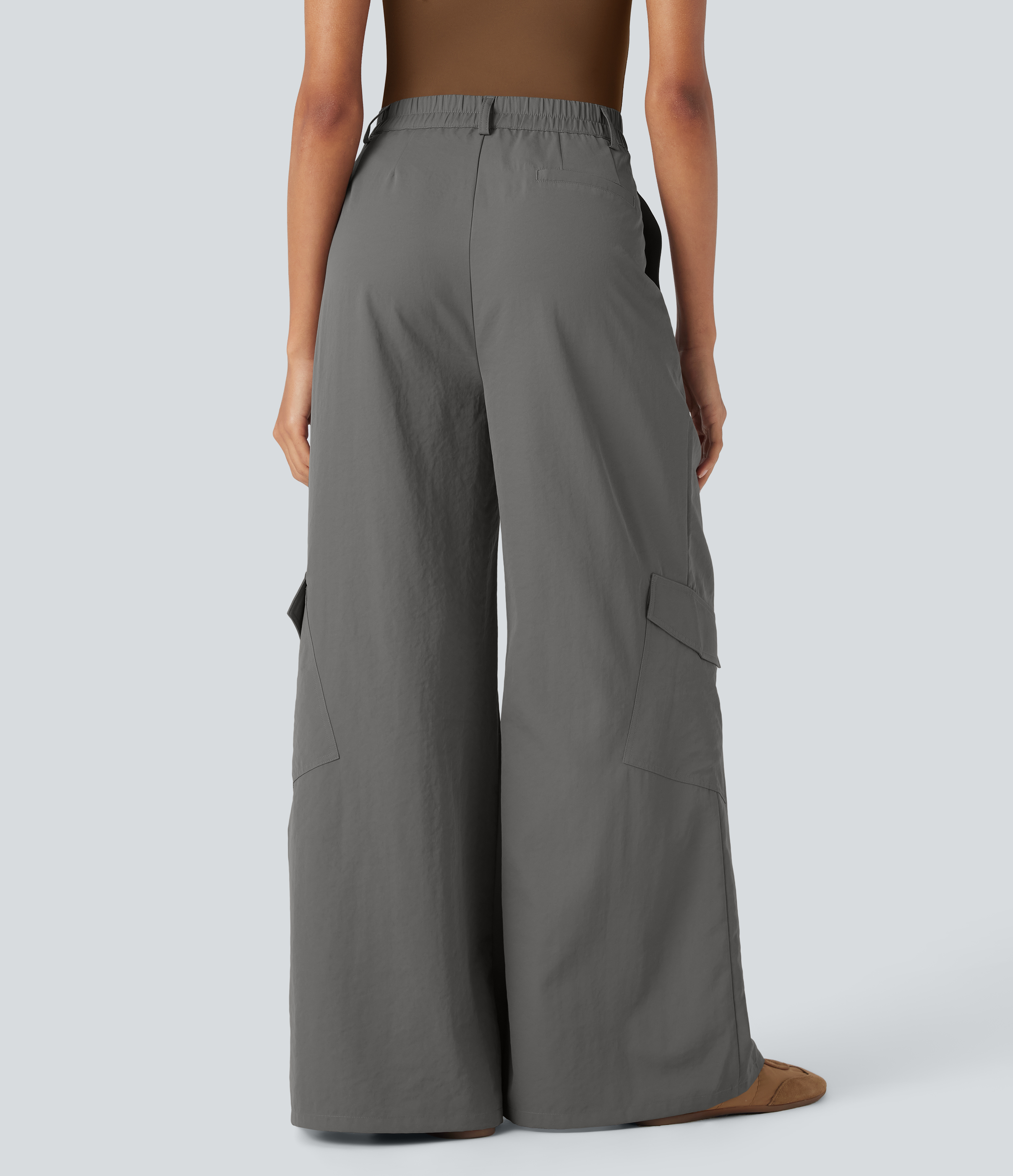 Brushed Nickel Pantalones cargo casuales de tiro alto y pierna ancha con bolsillos / 2