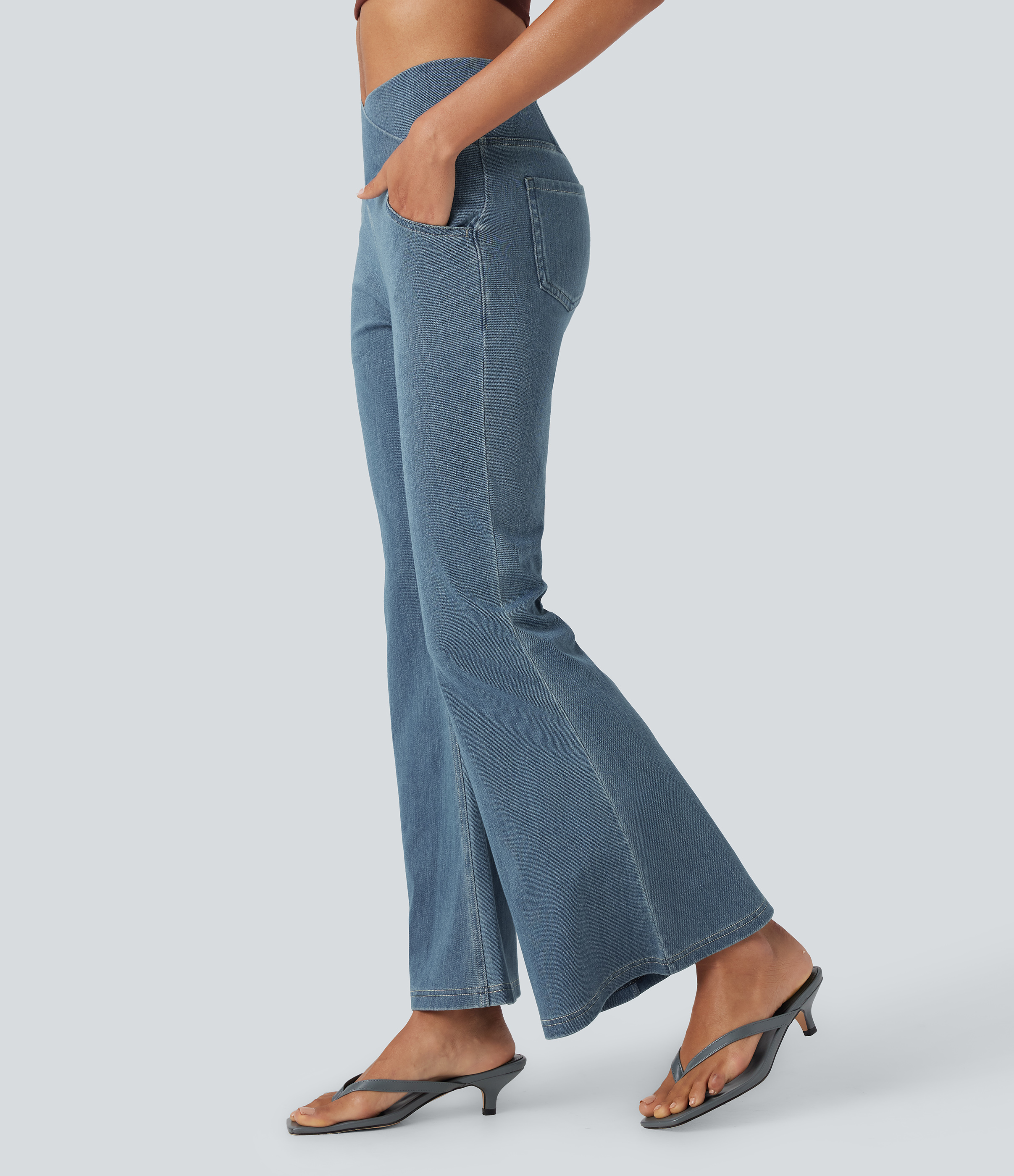Halara Flex™ High Waisted Crossover Pocket Washed Casual Jeans — Tide Blue Denim by Halara