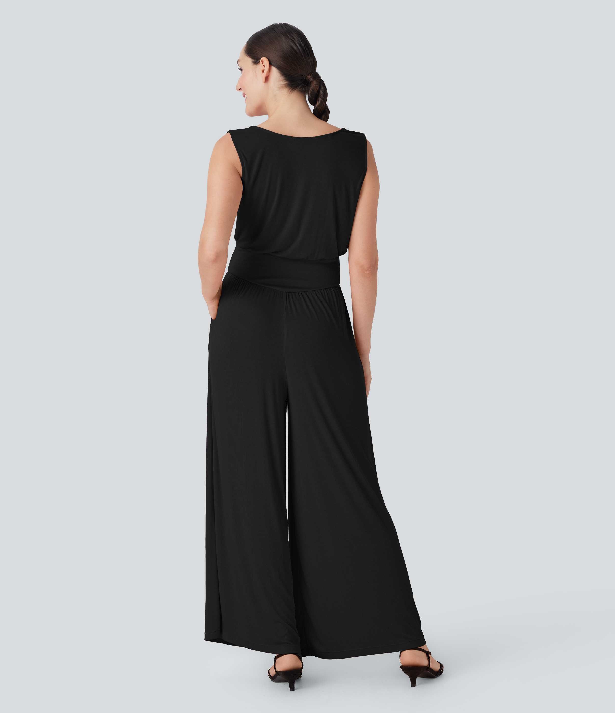 Black Ribbed Cowl Neck Sleeveless Wide Leg Casual Jumpsuit with Side Pockets / 2