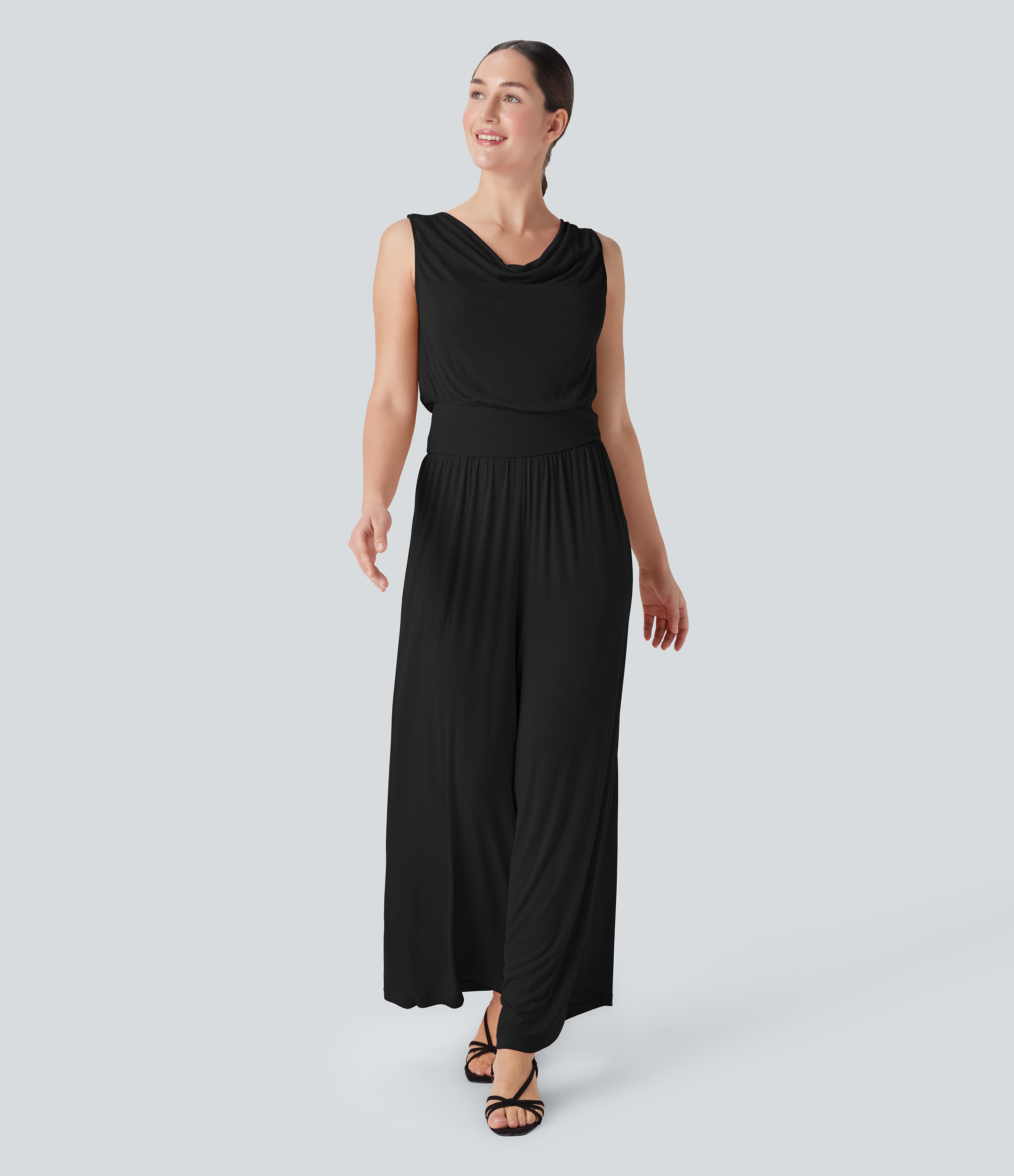 Black Ribbed Cowl Neck Sleeveless Wide Leg Casual Jumpsuit with Side Pockets / 1