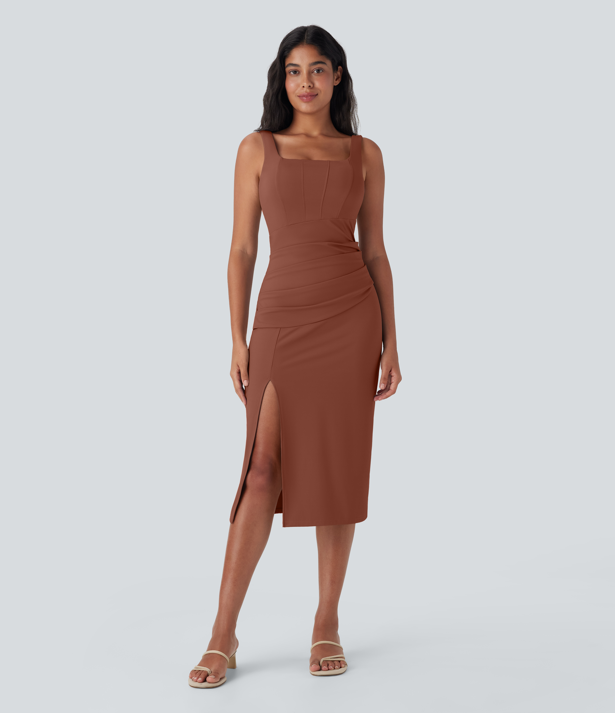 SoftlyZero™ Airy Korsett-Midikleid mit eckigem Ausschnitt, gerafft, figurbetont, InstantCool – für DD-F-Cups