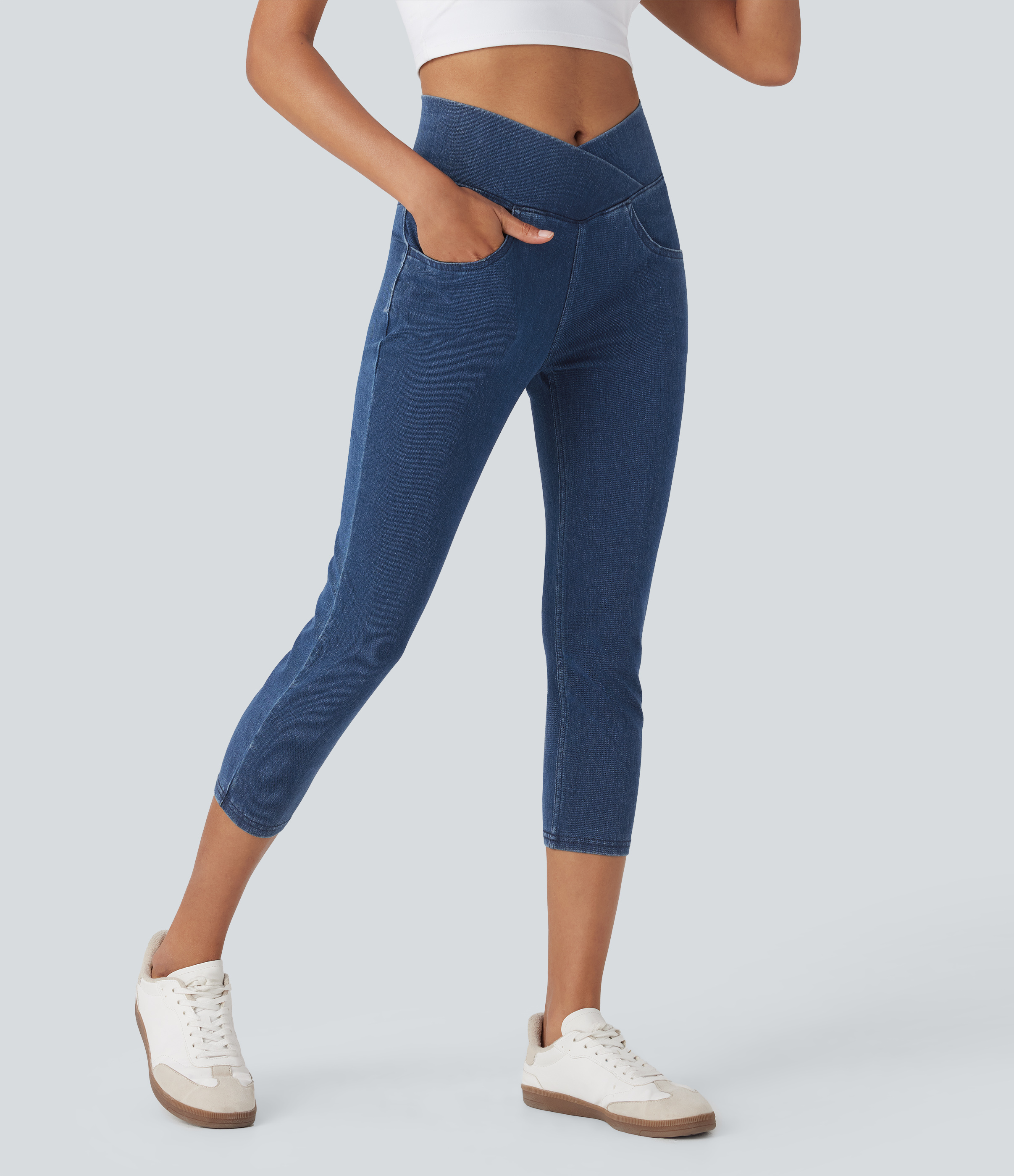 Legging corsaire décontracté Halara Flex™ croisé taille haute en maille denim extensible avec poches