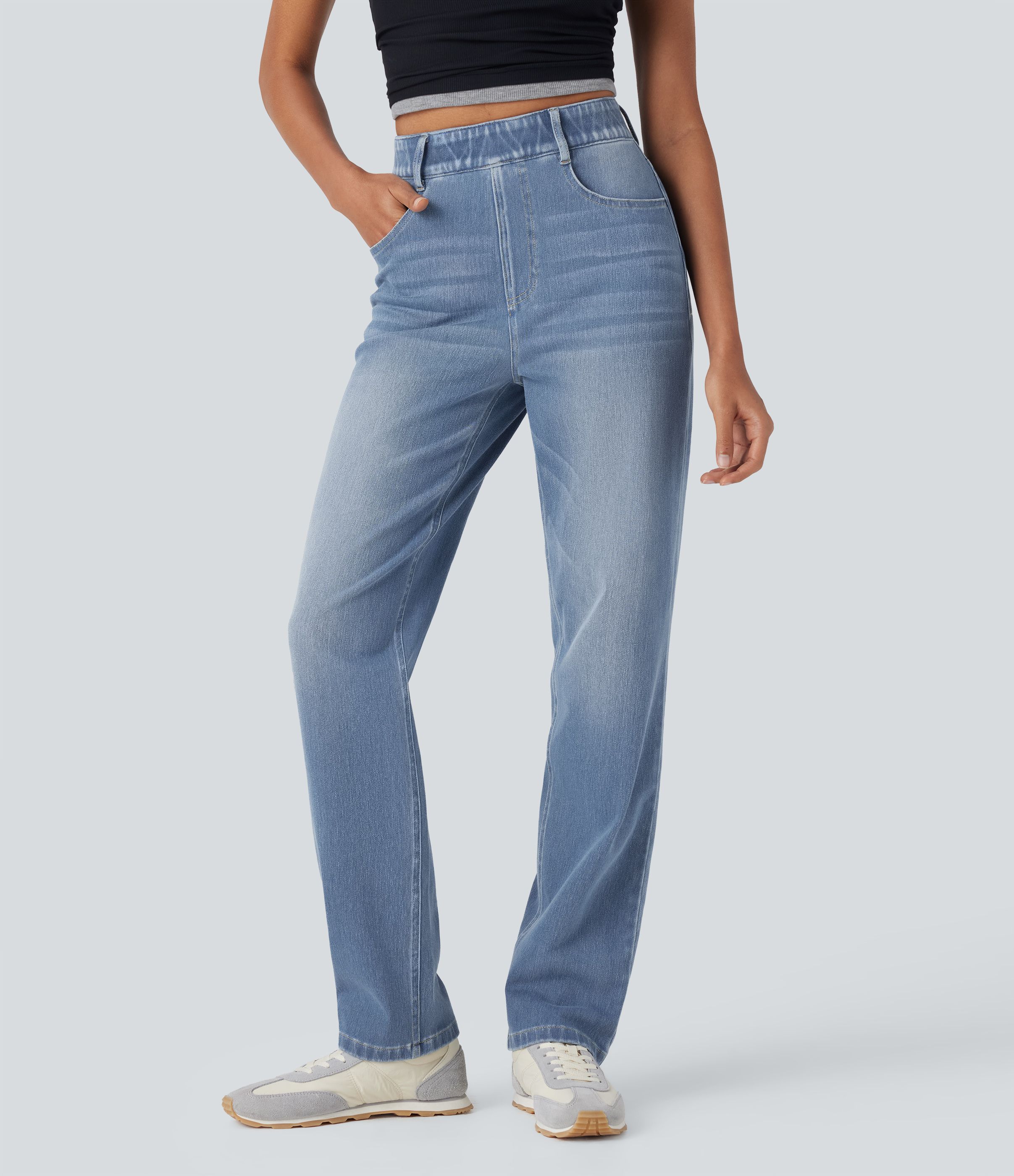 Halara Flex™ High Waisted Tummy Control Pockets Straight Leg Washed Casual Jeans — Malibu Blue Denim by Halara