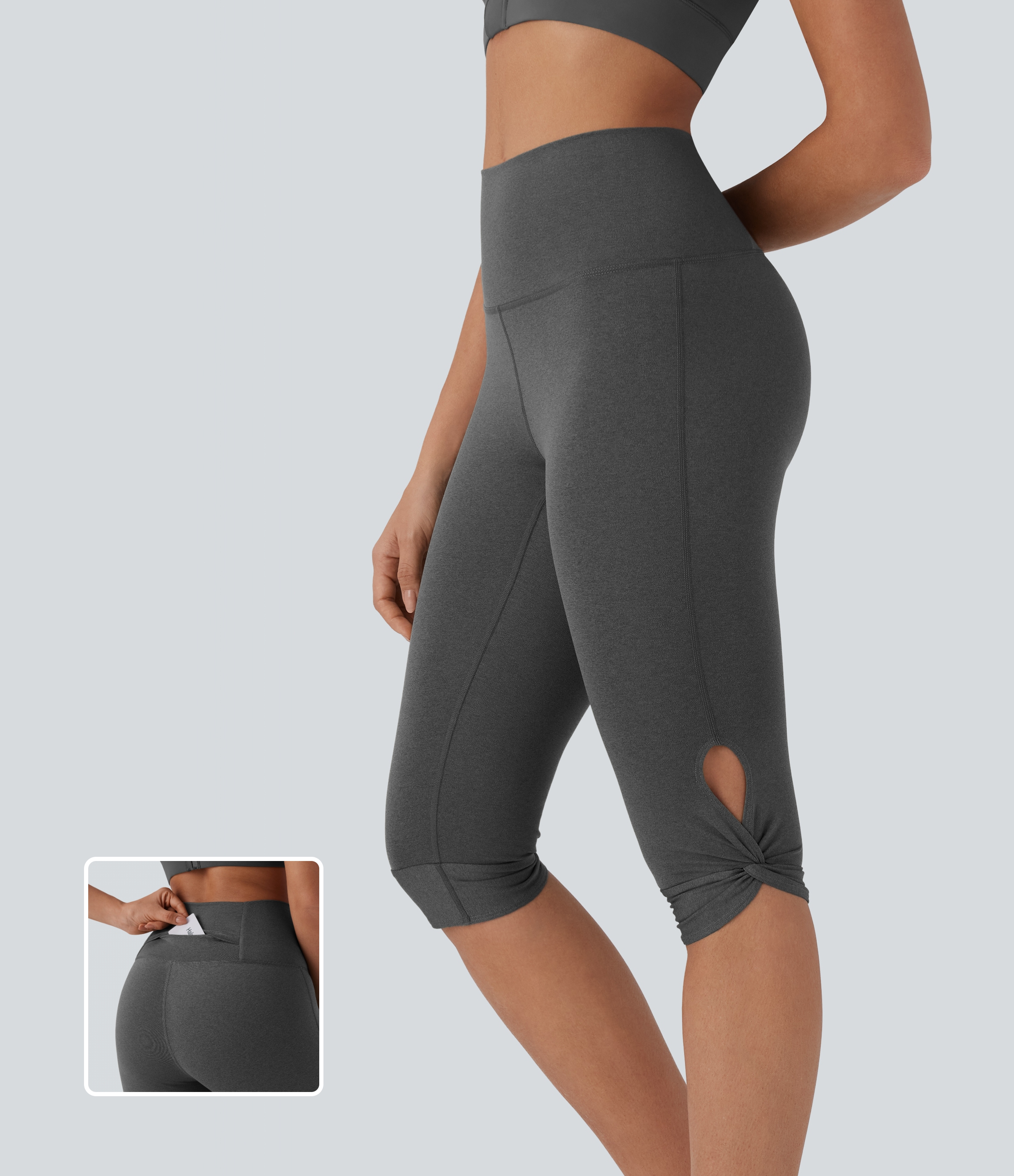 Dusky Charcoal High-Waisted Cut-Out Quick-Dry Yoga Pedal Pusher Leggings with Pocket / 1