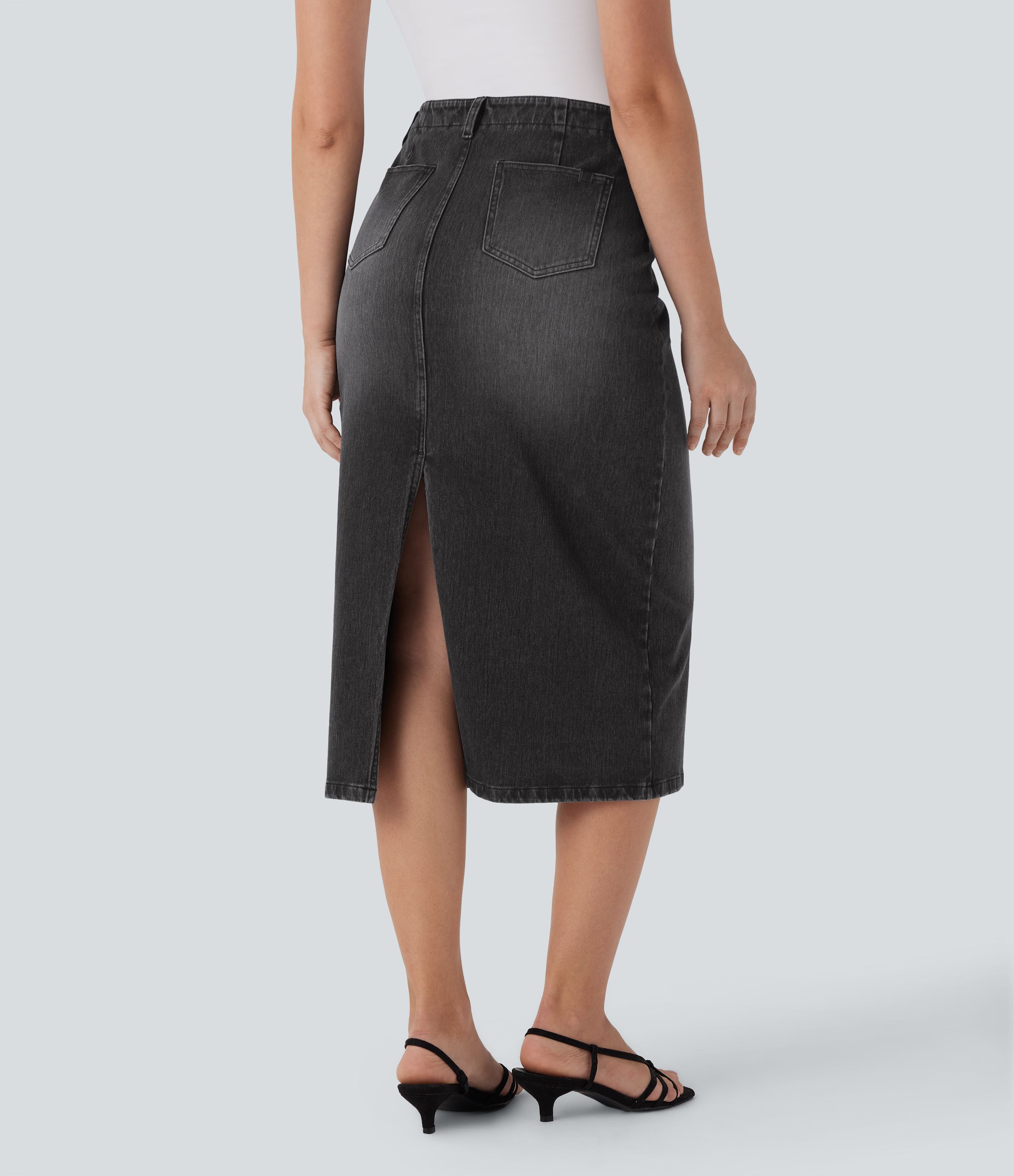 Phantom Denim Halara Flex™ falda vaquera midi de talle medio con bolsillos, lavado desgastado y corte recto y holgado / 2