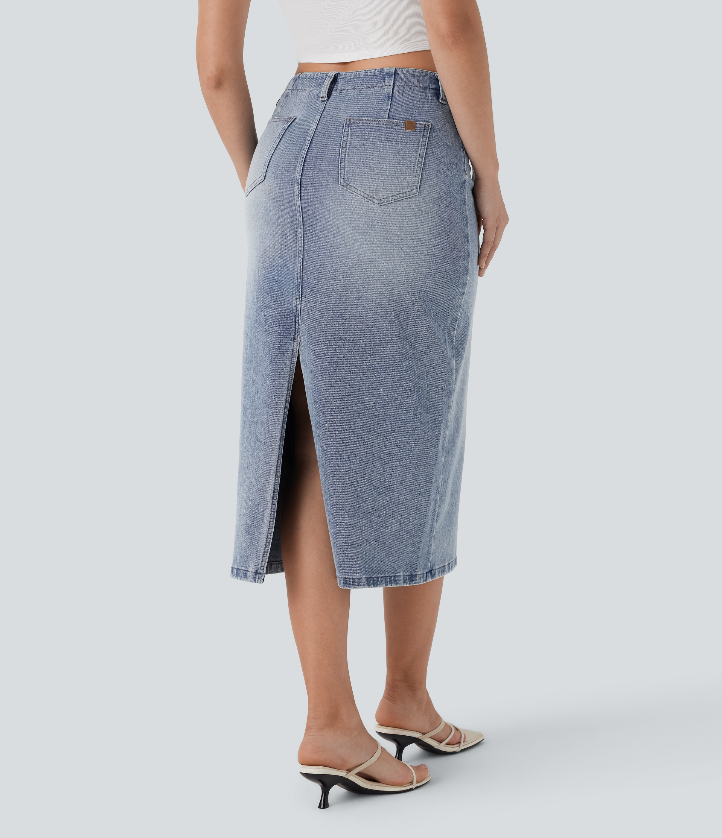 Malibu Blue Denim Falda Halara Flex™ Denim vaquera recta elástico lavado abertura espalda tiro medio bolsillo / 2