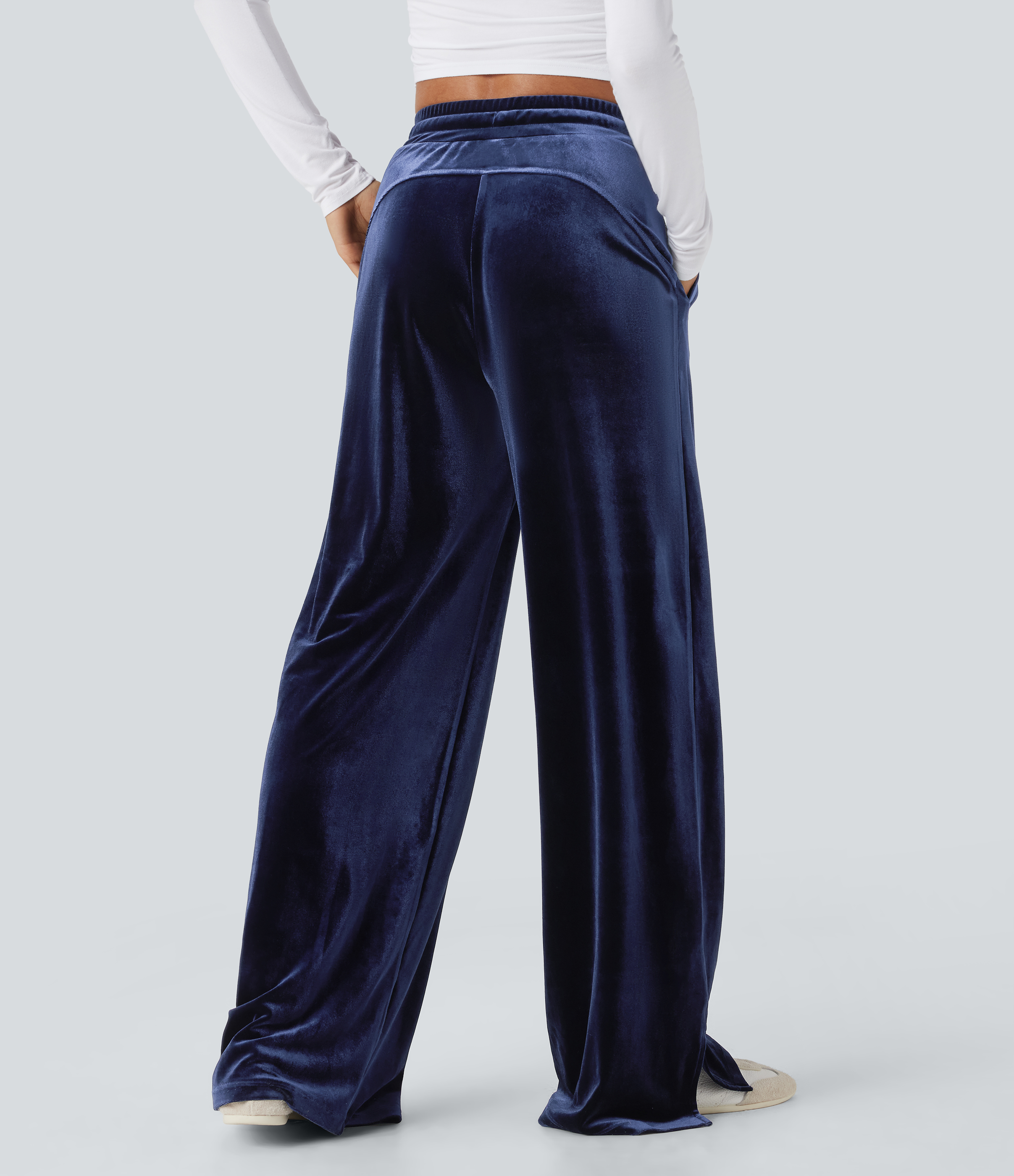 Deep Twilight Hochgeschnittene Kordelzug-Palazzo-Hose aus Samt mit Taschen für lässige Anlässe / 2