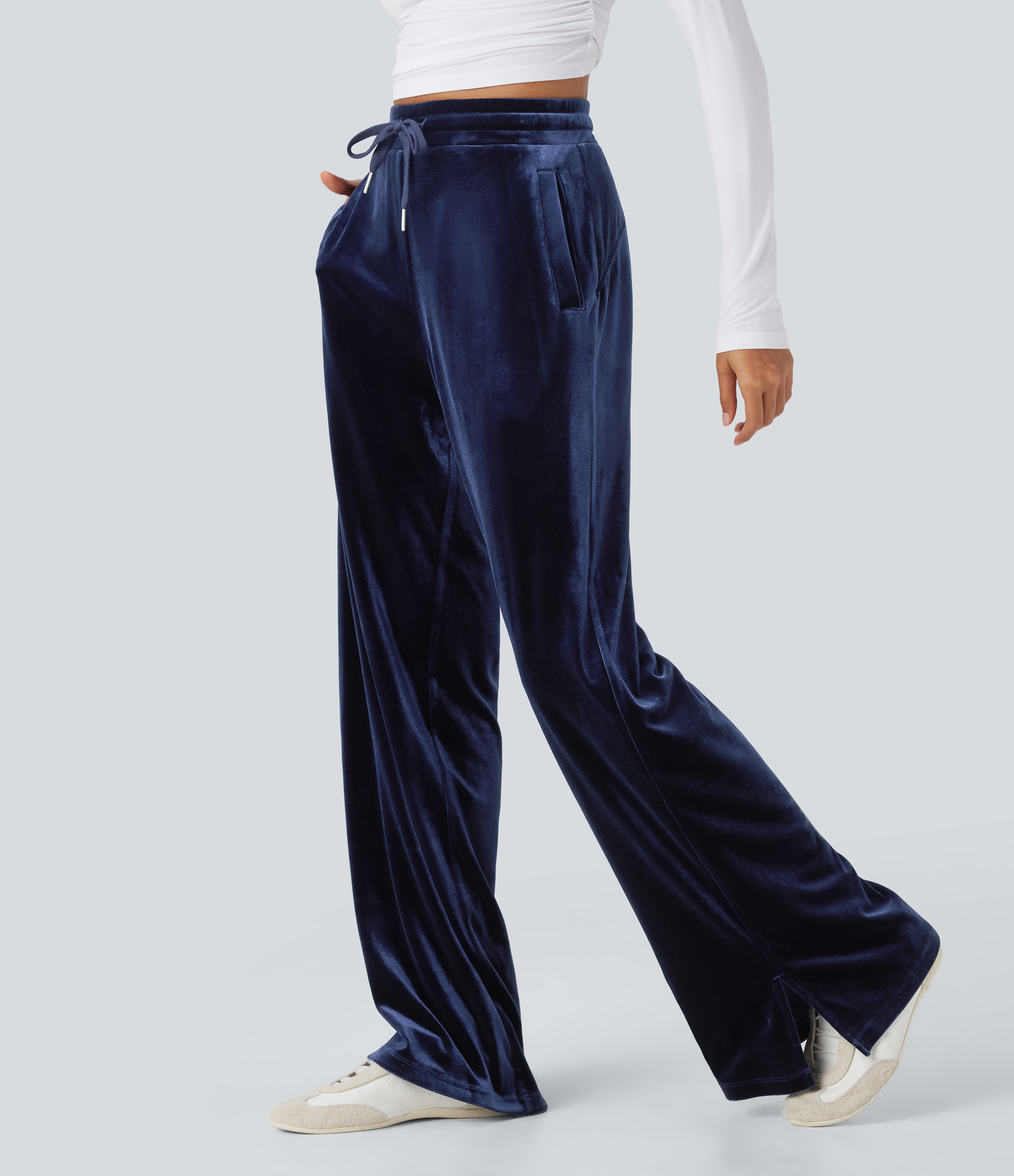 Pantalones casuales anchos de terciopelo con tiro alto y cordón ajustable con bolsillos