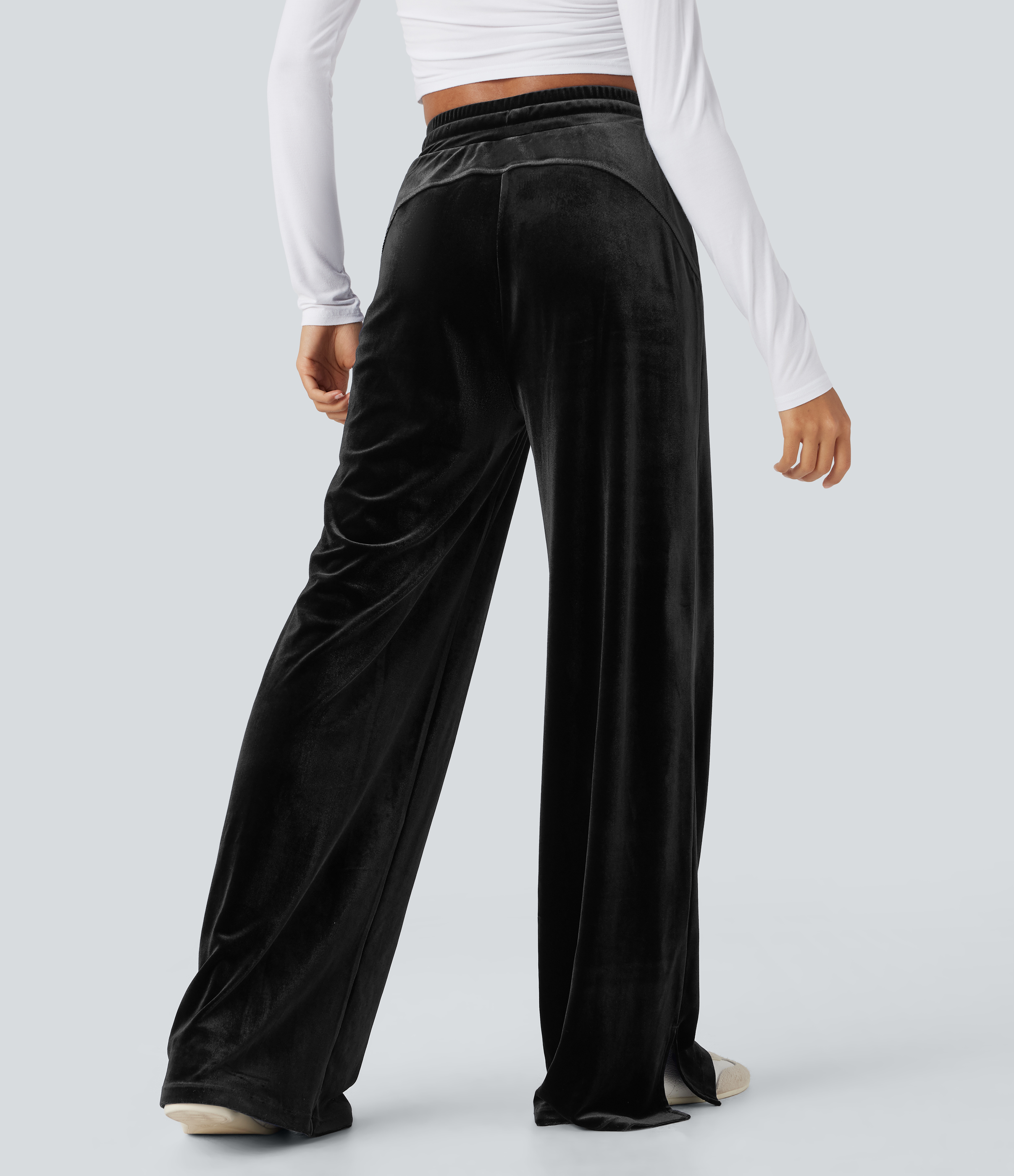 Black High Waisted Drawstring Wide Leg Velvet Casual Pants with Pockets / 2
